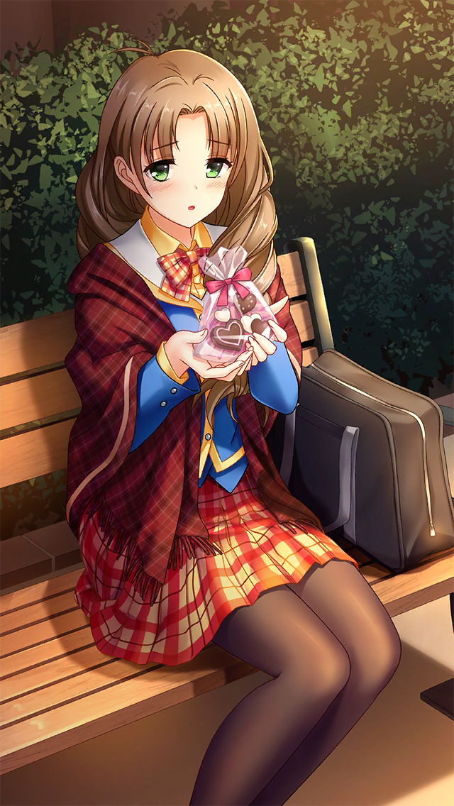 1girl bag bench black_pantyhose blue_jacket blush bow bowtie braid brown_hair collared_shirt doukyuusei_(series) doukyuusei_2 doukyuusei_another_world dress_shirt game_cg gift green_eyes hair_intakes hair_over_shoulder holding jacket long_hair long_sleeves miniskirt official_art open_mouth orange_bow orange_bowtie orange_skirt pantyhose plaid_bow plaid_bowtie plaid_clothes plaid_neckwear plaid_skirt pleated_skirt school_bag school_uniform shirt single_braid sitting skirt solo sugimoto_sakurako valentine very_long_hair wing_collar yellow_shirt