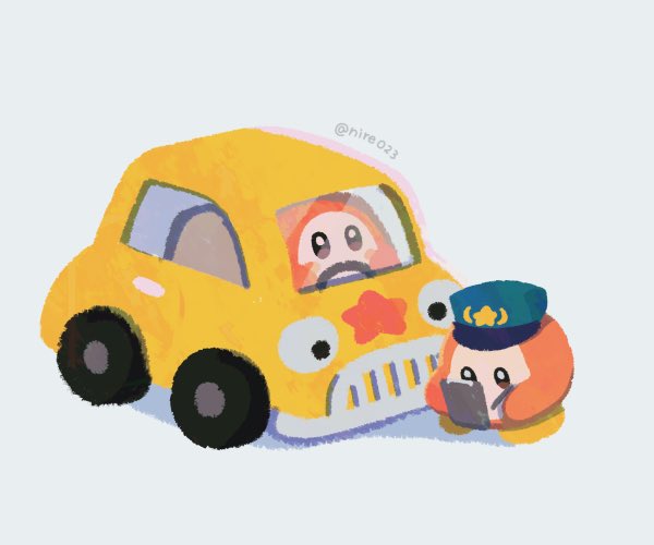 artist_name blue_hat car commentary_request hat holding holding_notepad kirby_(series) motor_vehicle ni_re nintendo notepad police_hat simple_background star_(symbol) star_print toy_car twitter_username waddle_dee white_background