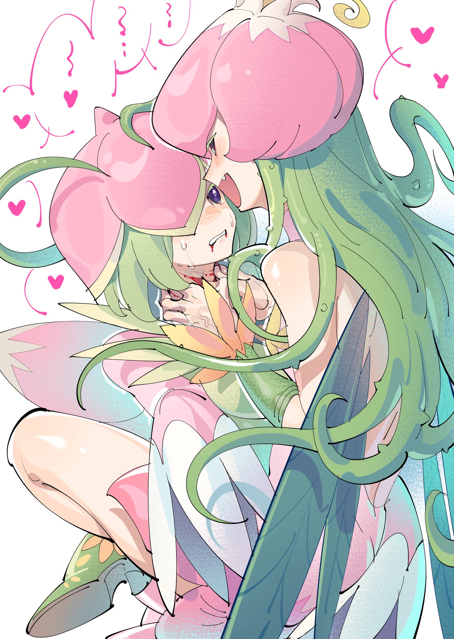 2girls backless_dress backless_outfit bare_shoulders biting_own_lip black_eyes bleeding blood blood_from_mouth blush boots breasts crying crying_with_eyes_open cuts detached_sleeves digimon digimon_(creature) domestic_violence dress eyelashes fairy fang fangs flower flower_hat gloves green_footwear green_hair green_leotard green_sleeves green_wings hair_vines hand_around_neck hand_on_another's_neck hands_on_another's_neck hat heart highres injury leaf_wings leg_lock leotard lilamon lilimon long_hair monster_girl multiple_girls no_hands one_eye_covered open_mouth petals pink_dress plant plant_girl plant_hair plant_monster plant_wings scratches smile solid_eyes spoken_heart streaming_tears tears veins veiny_hands vines wide_sleeves wings yuri zocehuy
