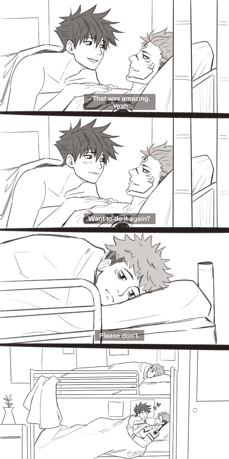 3boys aftersex arm_tattoo arphamuan awkward bed bedroom black_hair blanket blush bunk_bed covering_privates english_text facial_tattoo fushiguro_megumi hand_on_another&#039;s_chest heart highres how_i_met_your_mother indoors itadori_yuuji jujutsu_kaisen ladder looking_at_another lying lying_on_another male_focus multiple_boys muscular muscular_male nude pillow ryoumen_sukuna_(jujutsu_kaisen) short_hair shoulder_tattoo smile spiked_hair tattoo tired undercut yaoi
