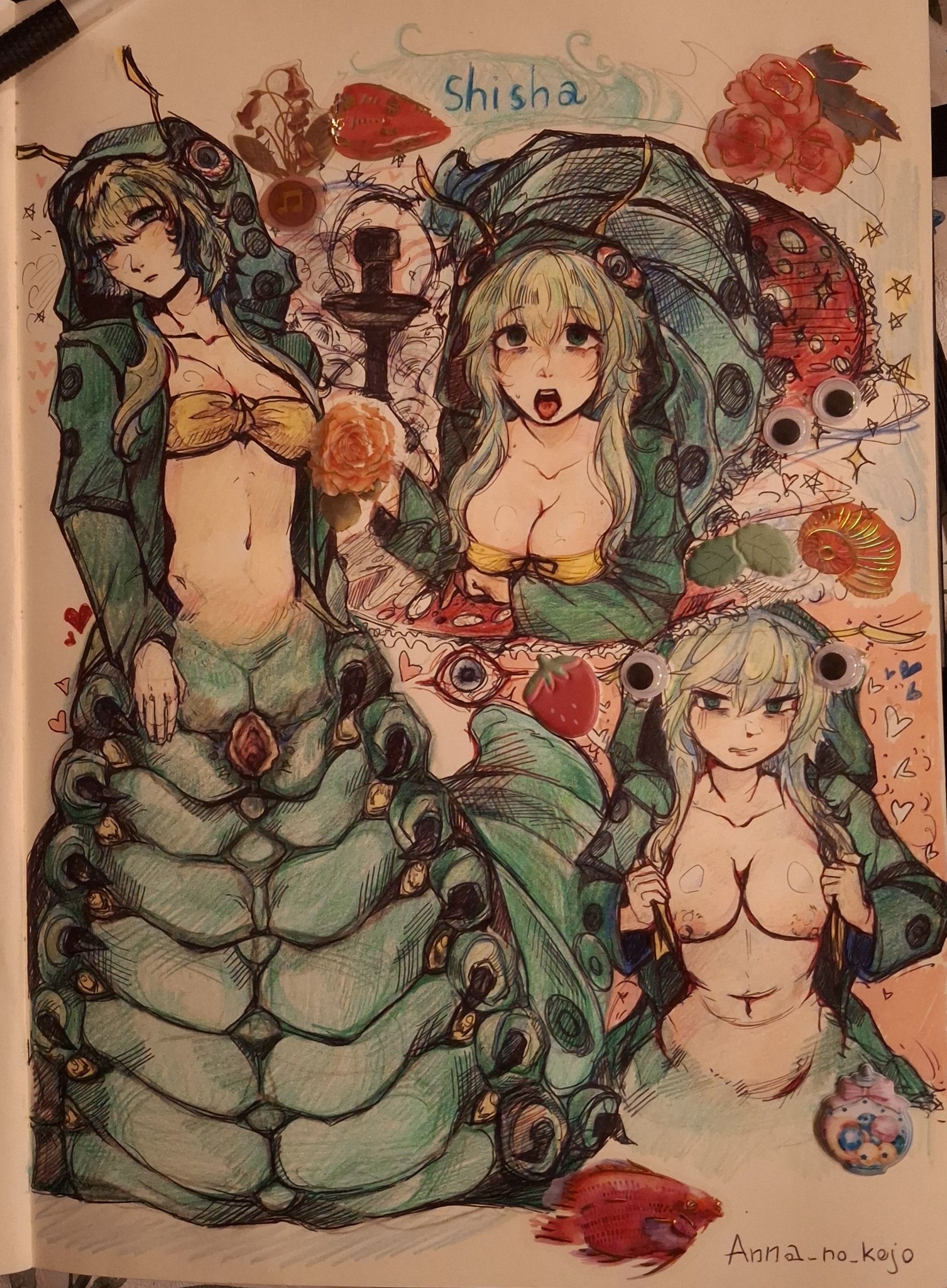 1girl animal_hood anna_no_kojo arthropod_girl black_souls black_souls_2 bloodshot_eyes blush bra breasts caterpillar_girl cleavage clothes_pull collarbone colored_pencil_(medium) commentary disembodied_eye english_commentary fish flower food fruit green_eyes green_hair hair_between_eyes heart highres hood large_breasts long_hair long_sleeves looking_at_viewer monster_girl navel nipples open_mouth photo_(medium) pussy shisha_(black_souls) sidelocks signature snail_shell solo sparkle strawberry tongue tongue_out traditional_media underwear yellow_bra