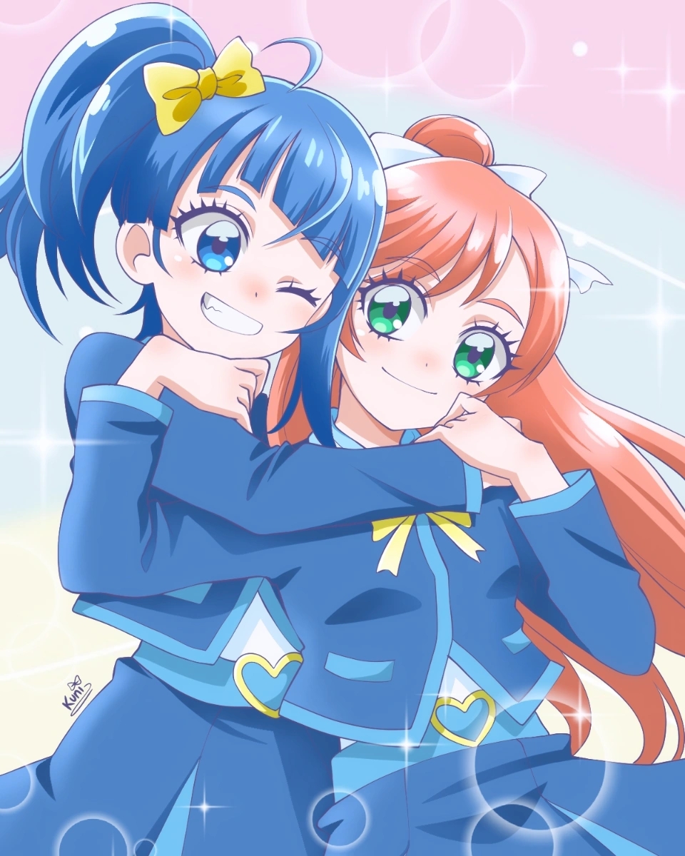 2girls arikuniart arms_around_neck artist_name blue_eyes blue_hair blue_jacket blue_skirt bow closed_mouth commentary cut_bangs english_commentary green_eyes grin hair_bow hair_bun hair_ribbon highres hug hug_from_behind jacket long_hair long_sleeves looking_at_another looking_at_viewer medium_hair multiple_girls neck_ribbon nijigaoka_mashiro one_eye_closed pink_hair precure ribbon school_uniform shirt side_ponytail signature single_hair_bun single_sidelock skirt smile sora_harewataru sorashido_academy_school_uniform standing white_shirt yellow_bow yellow_ribbon
