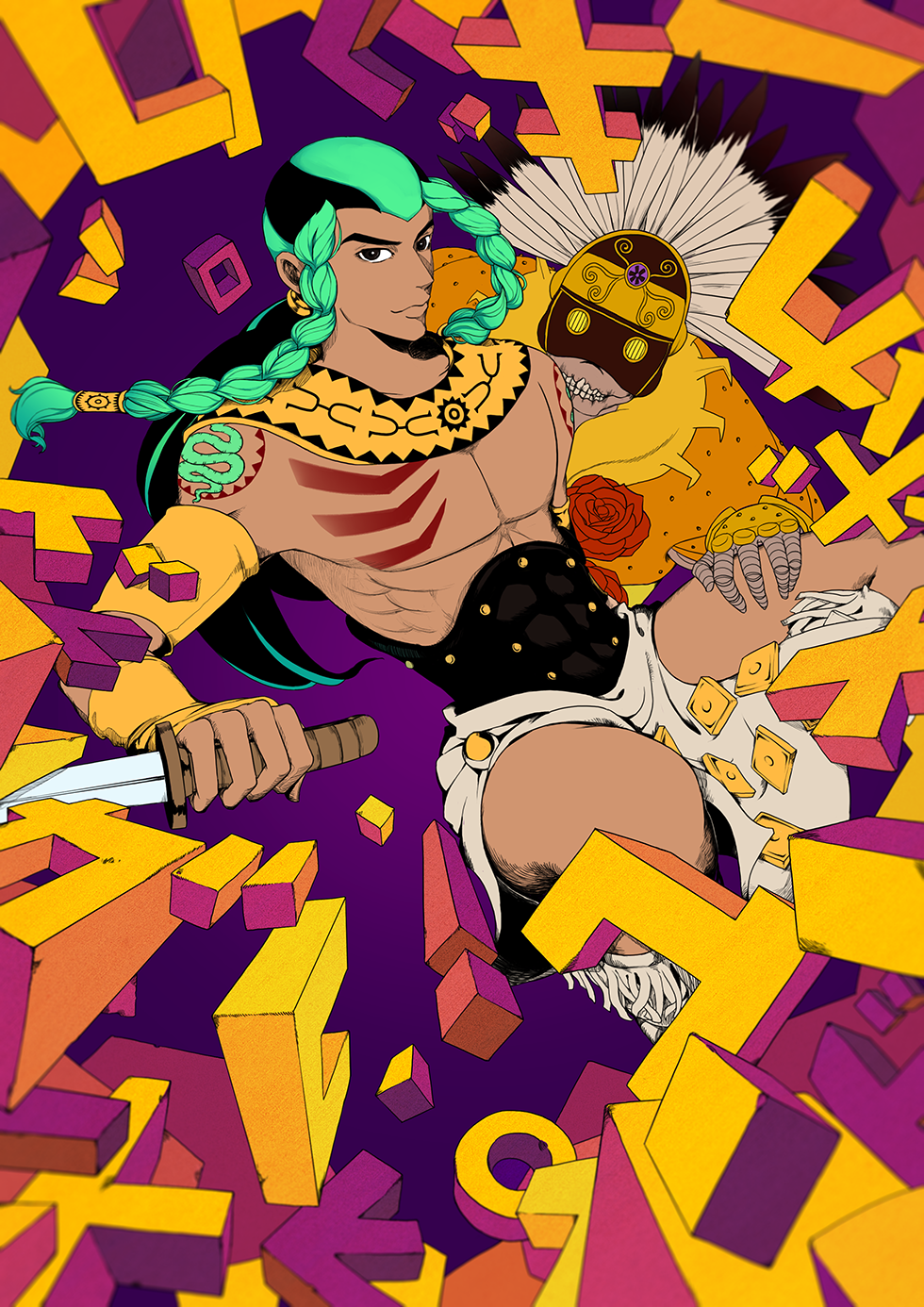 1boy braid g3_(333413) highres in_a_silent_way_(stand) jojo_no_kimyou_na_bouken knife multicolored_hair native_american sandman_(sbr) stand_(jojo) steel_ball_run two-tone_hair