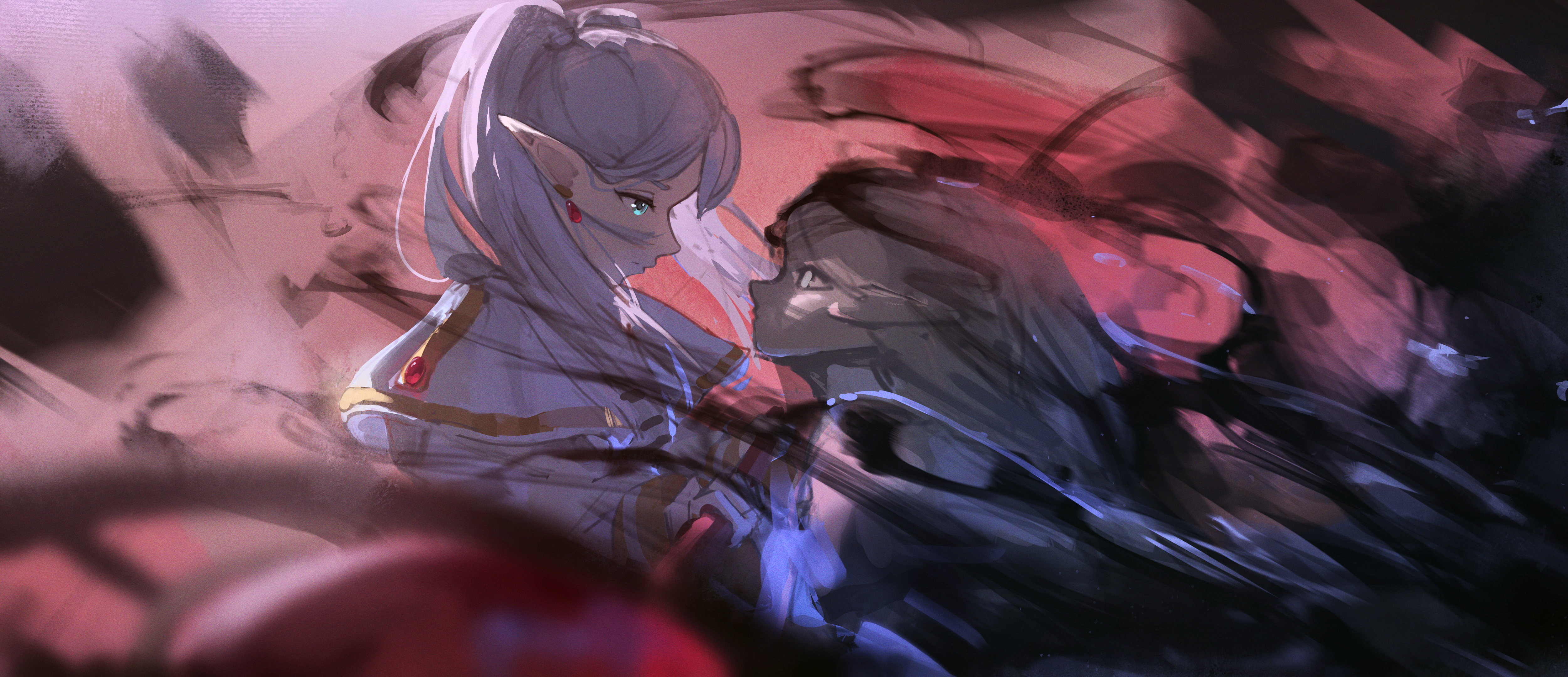 1girl absurdres aqua_eyes blurry capelet closed_mouth commentary depth_of_field dress earrings eien_001 elf eye_contact face-to-face frieren highres holding holding_staff jewelry looking_at_another pointy_ears profile solo_focus sousou_no_frieren staff twintails white_capelet white_dress white_hair