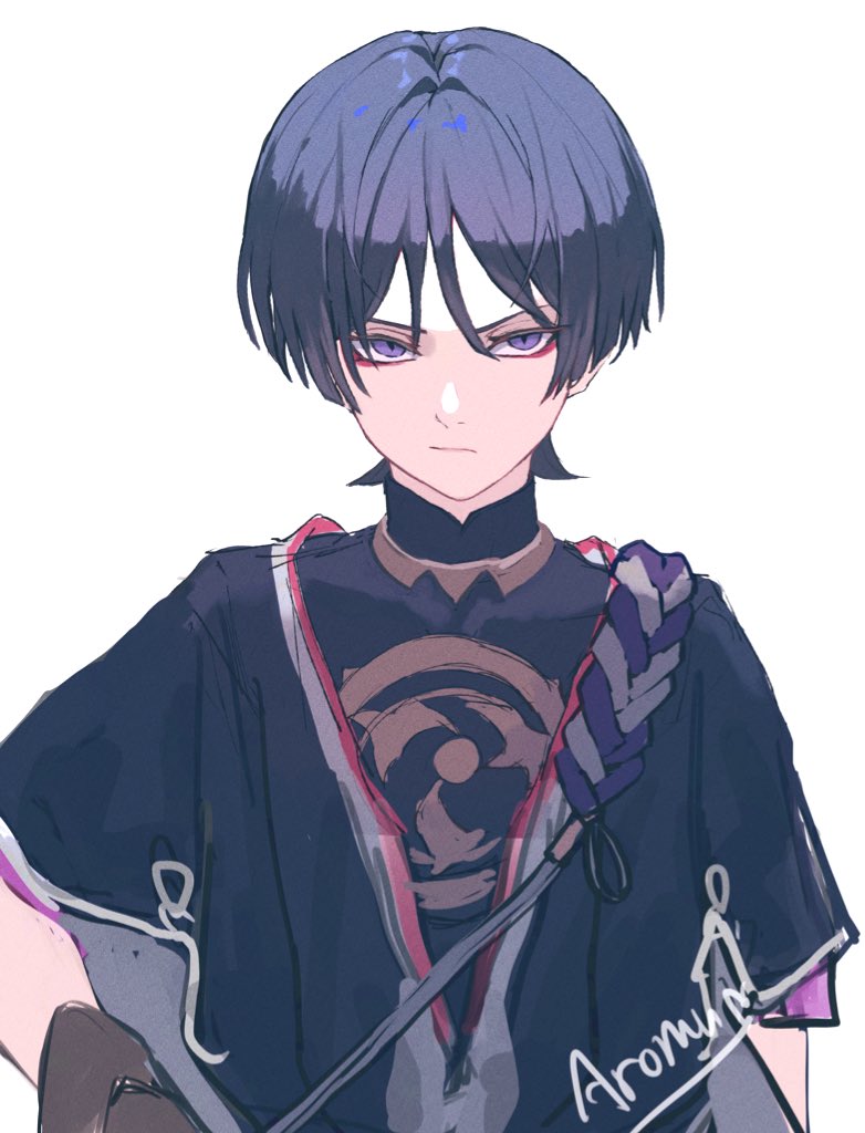 1boy arms_at_sides aromuromu66 artist_name black_kimono black_sleeves blunt_ends closed_mouth eyeliner eyeshadow genshin_impact glaring gold grey_hair japanese_clothes jewelry juban kimono layered_sleeves looking_at_viewer makeup male_focus mitsudomoe_(shape) neck_ring purple_eyes purple_rope purple_sleeves red_eyeliner red_eyeshadow red_kimono rope scaramouche_(genshin_impact) shimenawa short_sleeves sketch slit_pupils solo straight-on tomoe_(symbol) upper_body white_background white_kimono white_rope white_trim wispy_bangs