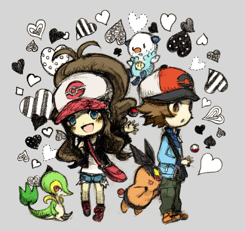 1boy 1girl baseball_cap black_footwear black_pants blue_eyes blue_jacket blush blush_stickers brown_eyes brown_hair club_(shape) denim diamond_(shape) gen_5_pokemon grey_background hat heart high_collar hilbert_(pokemon) hilda_(pokemon) hokori_(kingcat) jacket jeans long_hair long_sleeves medium_hair nintendo orange_shoes oshawott pants poke_ball pokemon pokemon_(creature) pokemon_bw ponytail shirt shoes short_shorts short_sleeves shorts simple_background sneakers snivy spade tepig white_shirt