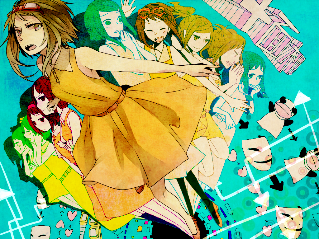 6+girls aqua_eyes aqua_hair dress green_eyes green_hair gumi juu_mensou_(vocaloid) multiple_girls multiple_persona orange_dress red_eyes red_hair short_hair smile sorakura_shikiji tears vocaloid