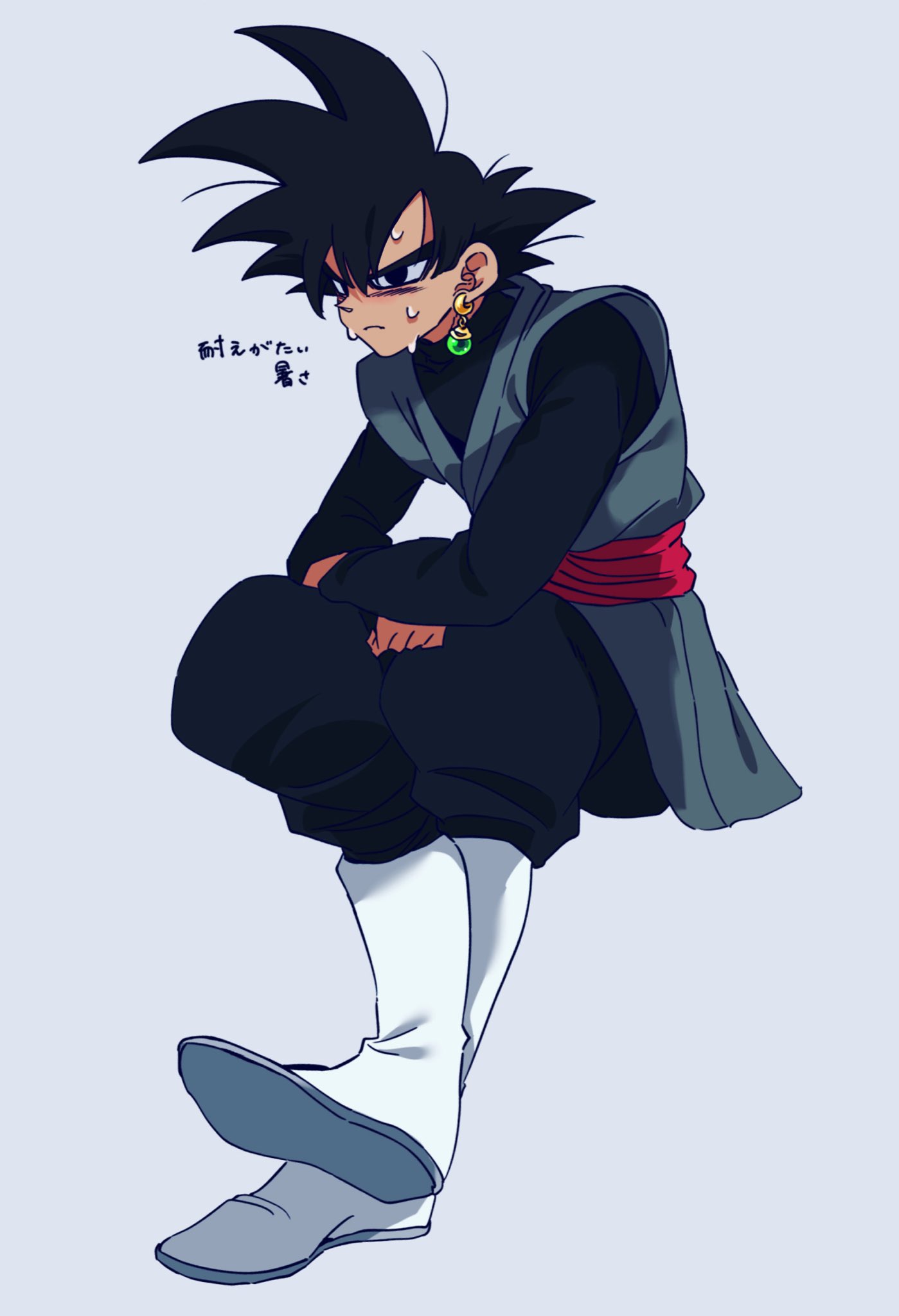 1boy black_bodysuit black_eyes black_hair black_pants bodysuit boots dougi dragon_ball dragon_ball_super earrings frown goku_black highres invisible_chair japanese_text jewelry komesan_0212 long_sleeves pants potara_earrings red_sash saiyan sash sitting solo spiked_hair sweat white_background white_boots