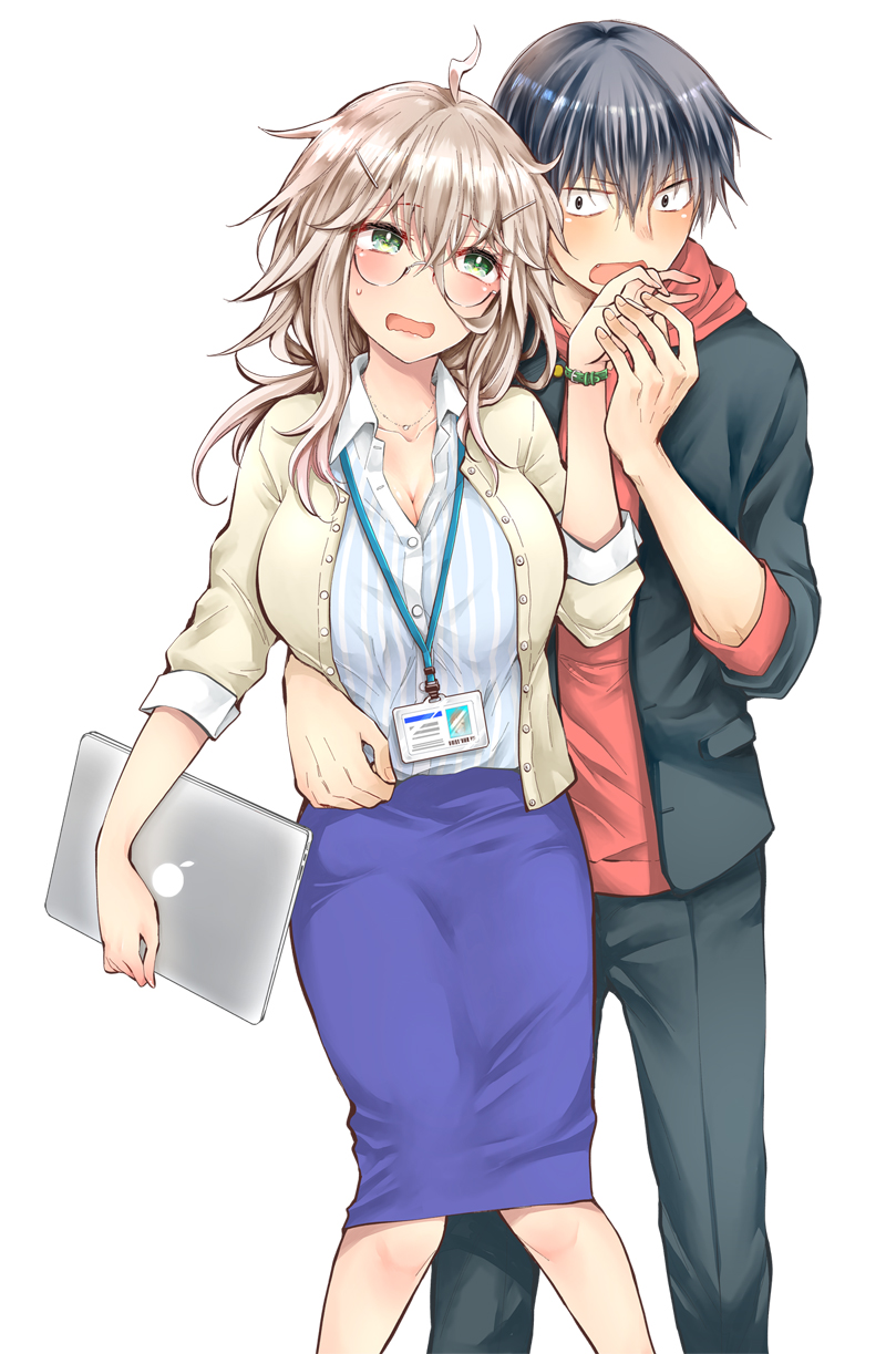 1boy 1girl black_eyes black_hair blush breasts cleavage commentary_request couple gakuran glasses green_eyes hetero highres hood hoodie hoshi_natsuki jewelry long_hair macbook name_tag necklace official_art platinum_blonde_hair school_uniform shindou_eruko shingeki_no_eroko-san sweatdrop ubizo