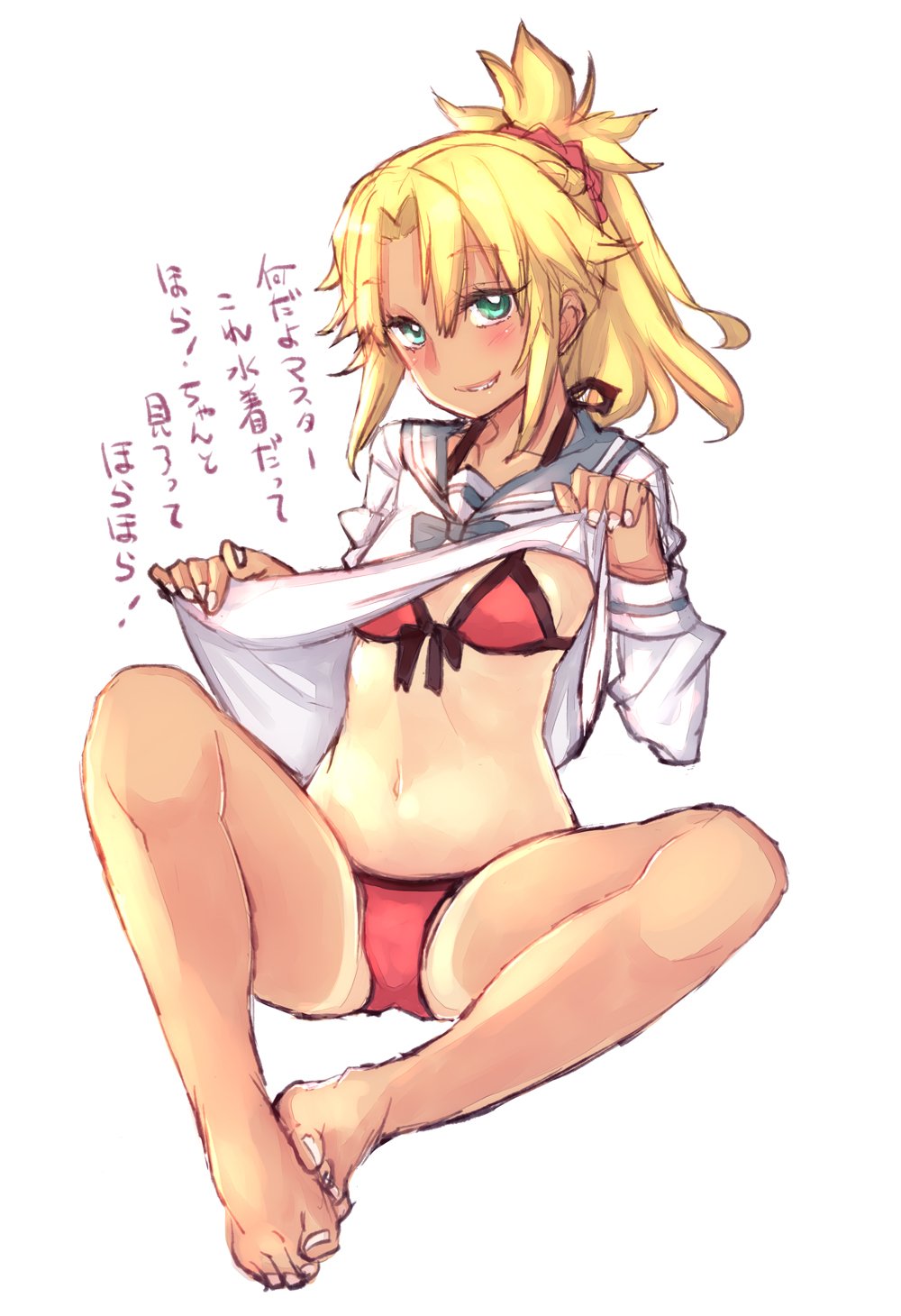1girl bikini bikini_under_clothes blonde_hair breasts clothes_lift commentary_request fate/grand_order fate_(series) front-tie_bikini_top front-tie_top green_eyes halterneck highres mordred_(fate) mordred_(swimsuit_rider)_(fate) mordred_(swimsuit_rider)_(second_ascension)_(fate) nagy navel red_bikini sailor_collar sailor_shirt shirt shirt_lift small_breasts smile solo spread_legs swimsuit tan tanline translation_request
