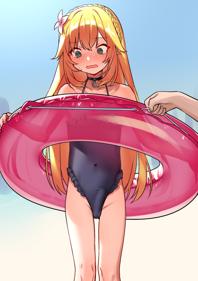 1boy 1other @_@ beach blonde_hair blue_one-piece_swimsuit blush bulge choker collarbone commentary_request covered_navel covered_penis cr-r crossdressing crossed_bangs embarrassed erection erection_under_clothes feet_out_of_frame flower green_eyes hair_flower hair_ornament innertube long_hair looking_away looking_down looking_to_the_side male_focus nijisanji one-piece_swimsuit open_mouth out_of_frame shadow sleeveless sweatdrop swim_ring swimsuit thighs trap uzuki_kou virtual_youtuber