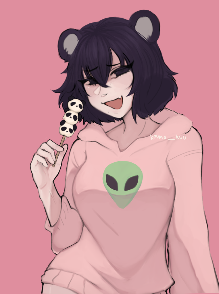1girl animal_ears apandah_(youtube) artist_request bear_ears black_hair dango eyelashes fang female_focus food genderswap genderswap_(mtf) hair_between_eyes holding holding_food hood hoodie long_sleeves looking_at_viewer open_mouth panda panda_ears pink_background pink_hoodie raised_eyebrows simple_background skin_fang smile smug solo solo_focus tagme wagashi youtube