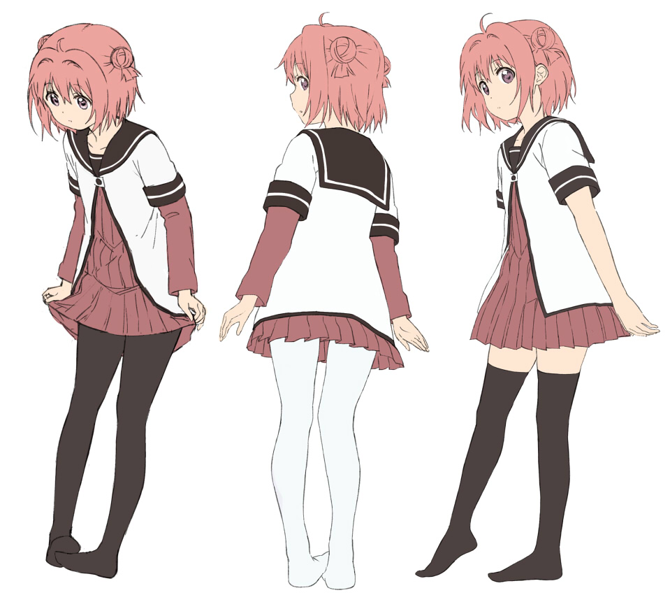 1girl ahoge akaza_akari black_pantyhose reference_sheet closed_eyes collarbone double_bun from_behind hair_bun looking_at_viewer nanamori_school_uniform no_shoes pantyhose purple_eyes red_hair sailor_collar school_uniform serafuku shikou_sakugo_(qqap9gt9k) short_hair simple_background standing thighhighs white_background white_thighhighs yuruyuri