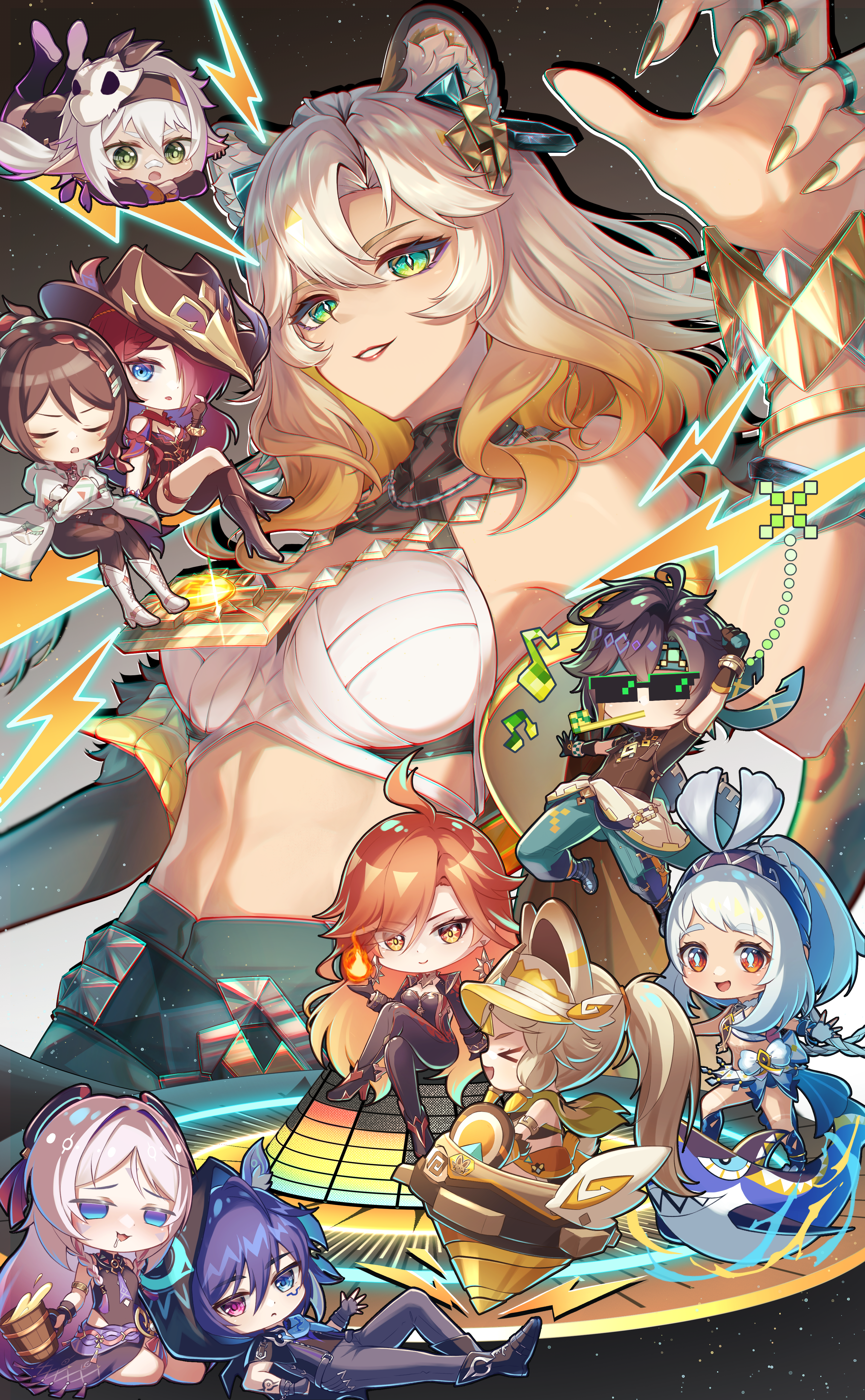 >_< 2boys 6+girls :d absurdres ahoge animal_ear_fluff animal_ears asymmetrical_clothes bandaid bandaid_on_face bandaid_on_nose bandana bare_shoulders biker_clothes bikesuit black_hair black_leotard blonde_hair blue_eyes blue_hair bodysuit bracelet braid brown_hair chasca_(genshin_impact) chibi chinchilla_ears chinchilla_girl chuychu_(genshin_impact) citlali_(genshin_impact) claw_pose cloak closed_eyes closed_mouth coat crop_top crossed_arms crossed_legs cup drooling drunk earrings empty_eyes fingernails genshin_impact geo_symbol_(genshin_impact) green_eyes grey_hair hair_between_eyes hair_over_one_eye hat headband heterochromia high-waist_shorts highres holding holding_cup hood hood_up hooded_cloak iansan_(genshin_impact) jaguar_ears jaguar_girl jewelry kachina_(genshin_impact) kinich_(genshin_impact) leotard lightning_bolt_symbol long_hair looking_at_viewer lying lying_on_person mavuika_(genshin_impact) medallion midriff mualani_(genshin_impact) mug multiple_boys multiple_girls multiple_rings musical_note on_stomach open_mouth orange_eyes ororon_(genshin_impact) parted_lips pink_hair pointy_ears ponytail red_eyes red_hair riding ring short_hair shorts sitting slit_pupils smile sunglasses swinging tan twin_braids twintails vision_(genshin_impact) visor_cap white_coat white_footwear xd xilonen_(genshin_impact) yuno_kaihara