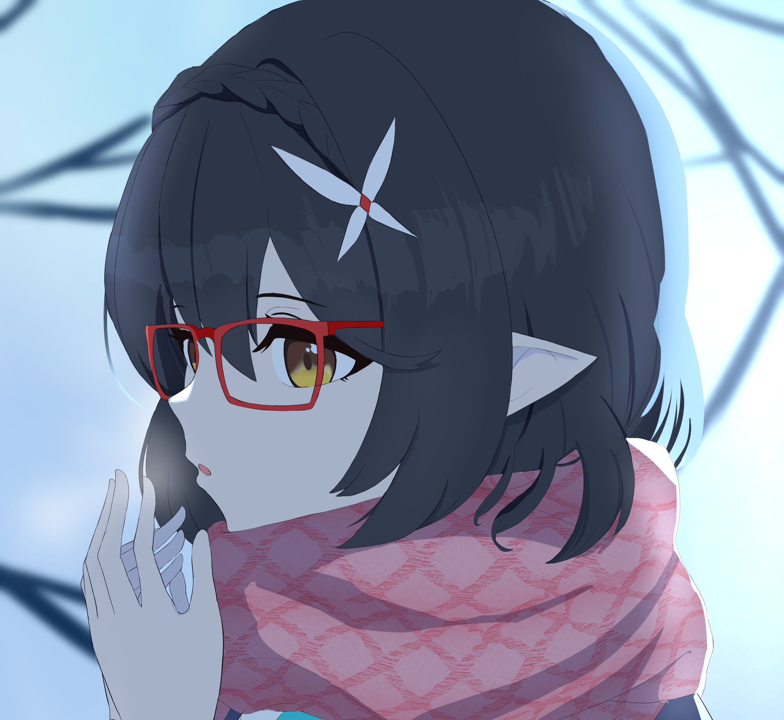 1girl absurdres ayane_(blue_archive) black_hair blue_archive blurry blurry_background braid checkered_clothes checkered_scarf crown_braid flower glasses hair_flower hair_ornament hands_up highres open_mouth osiruko230 pink_scarf pointy_ears portrait red-framed_eyewear scarf solo white_flower yellow_eyes
