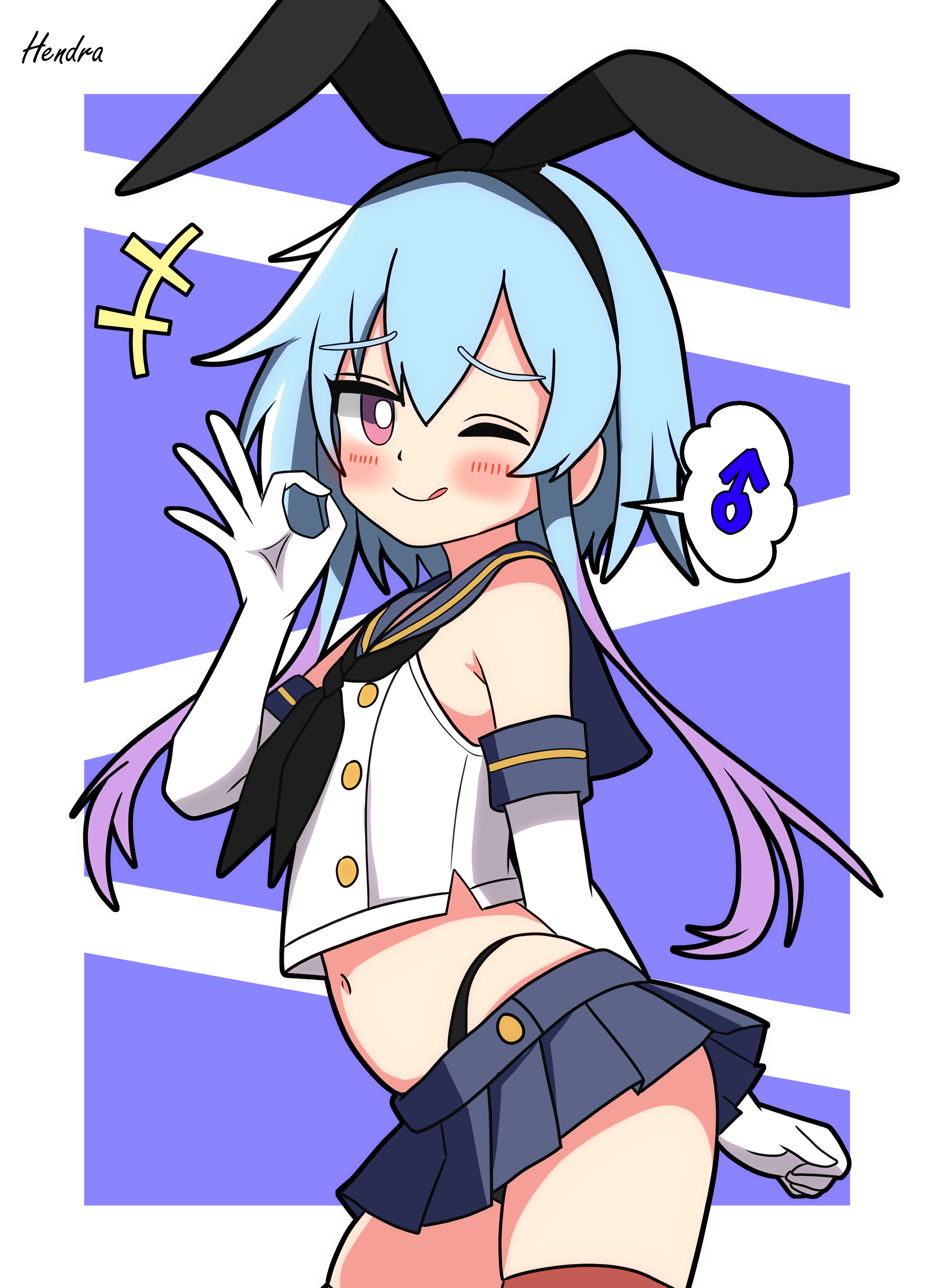 +++ 1boy ;q absurdres animal_ear_hairband animal_ears arknights arm_behind_back artist_name bare_shoulders black_neckerchief black_panties blue_hair blue_sailor_collar blue_skirt blush border bright_pupils buttons closed_mouth colored_tips contrapposto cosplay cowboy_shot cropped_shirt crossdressing elbow_gloves fake_animal_ears gloves hairband hand_up hendra highleg highleg_panties highres kantai_collection looking_at_viewer male_focus mars_symbol microskirt midriff mizuki_(arknights) multicolored_hair navel neckerchief ok_sign one_eye_closed outside_border panties pleated_skirt purple_background purple_eyes purple_hair rabbit_ear_hairband rabbit_ears red_thighhighs sailor_collar school_uniform serafuku shimakaze_(kancolle)_(cosplay) shirt short_hair short_hair_with_long_locks sidelocks signature simple_background skirt sleeveless sleeveless_shirt smile solo speech_bubble spoken_mars_symbol thighhighs tongue tongue_out trap two-tone_hair underwear white_border white_gloves white_pupils white_shirt