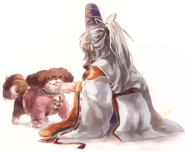 1girl animalization bad_id bad_pixiv_id hat japanese_clothes kariginu kasodani_kyouko kasodani_kyouko_(yamabiko) koto_inari mononobe_no_futo ponytail ribbon short_hair silver_hair skirt squatting tate_eboshi touhou