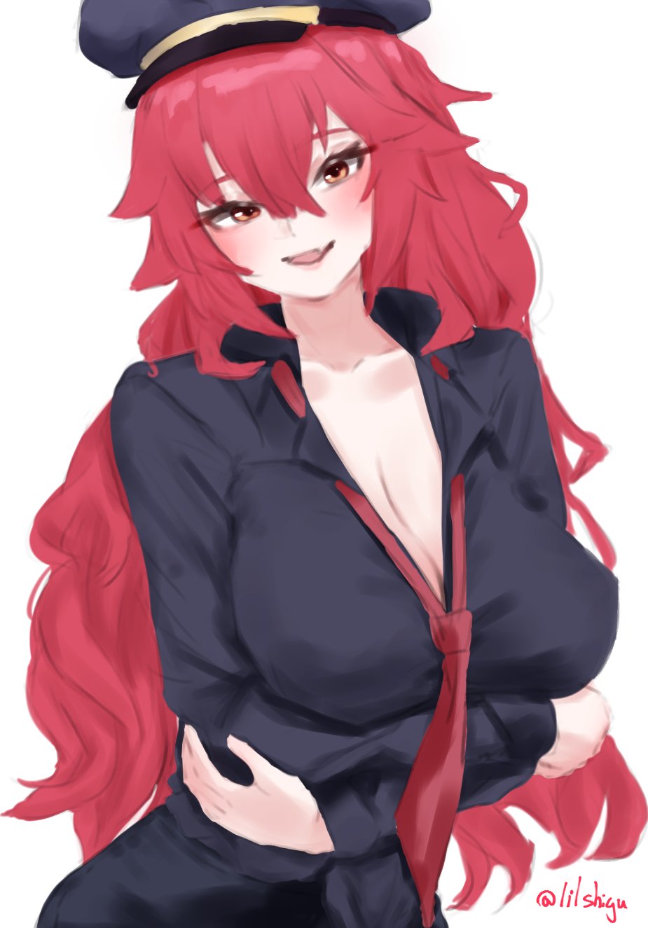 1girl alternate_costume arms_under_breasts black_hat black_shirt breasts cleavage collared_shirt hat highres kantai_collection large_breasts lilshigu necktie one-hour_drawing_challenge peaked_cap phoenix_(kancolle) red_eyes red_hair red_necktie shirt simple_background solo upper_body wavy_hair white_background