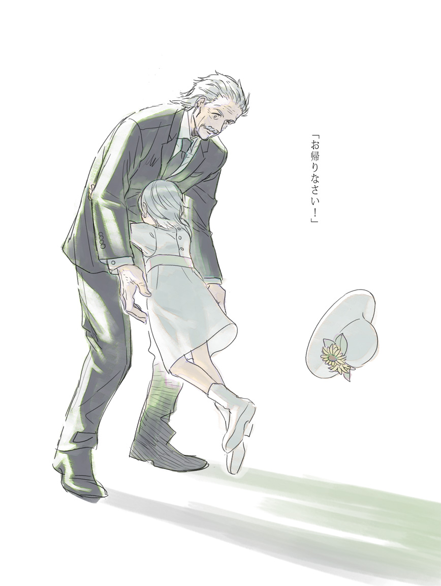 1boy 1girl bacher closed_mouth commentary_request dress formal_clothes hat height_difference hug metal_gear_(series) metal_gear_solid_4:_guns_of_the_patriots old_snake short_hair simple_background solid_snake suit sunny_emmerich white_background white_dress white_hair