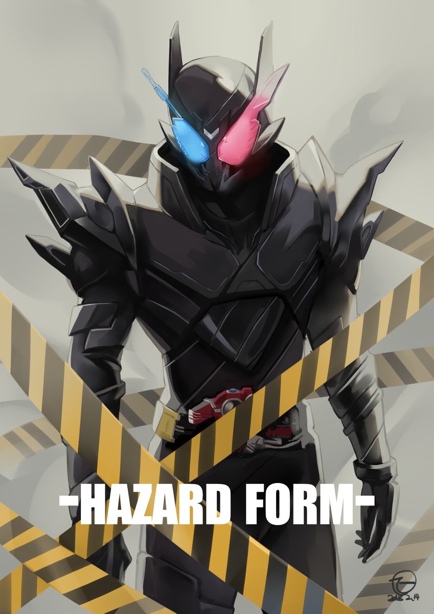 1boy armor black_armor black_background blue_eyes build_driver compound_eyes rider_belt english_text hazard_stripes hazard_trigger heterochromia highres jiuri_jiuhao kamen_rider kamen_rider_build kamen_rider_build_(series) looking_at_viewer male_focus profile rabbit+tank_form_(black_hazard) red_eyes science_fiction shoulder_armor solo steam steaming_body upper_body