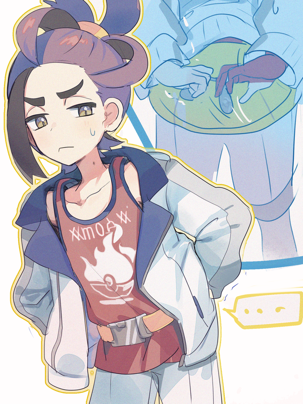 ... 1boy closed_mouth collarbone commentary_request jacket kieran_(pokemon) looking_down male_focus mole mole_on_neck multicolored_hair multiple_views mxkjxm_(nhss2337) nintendo open_clothes open_jacket outline pokemon pokemon_sv purple_hair red_shirt shirt shorts sleeveless sleeveless_shirt spoken_ellipsis sweatdrop two-tone_hair white_background white_jacket white_shorts zipper_pull_tab