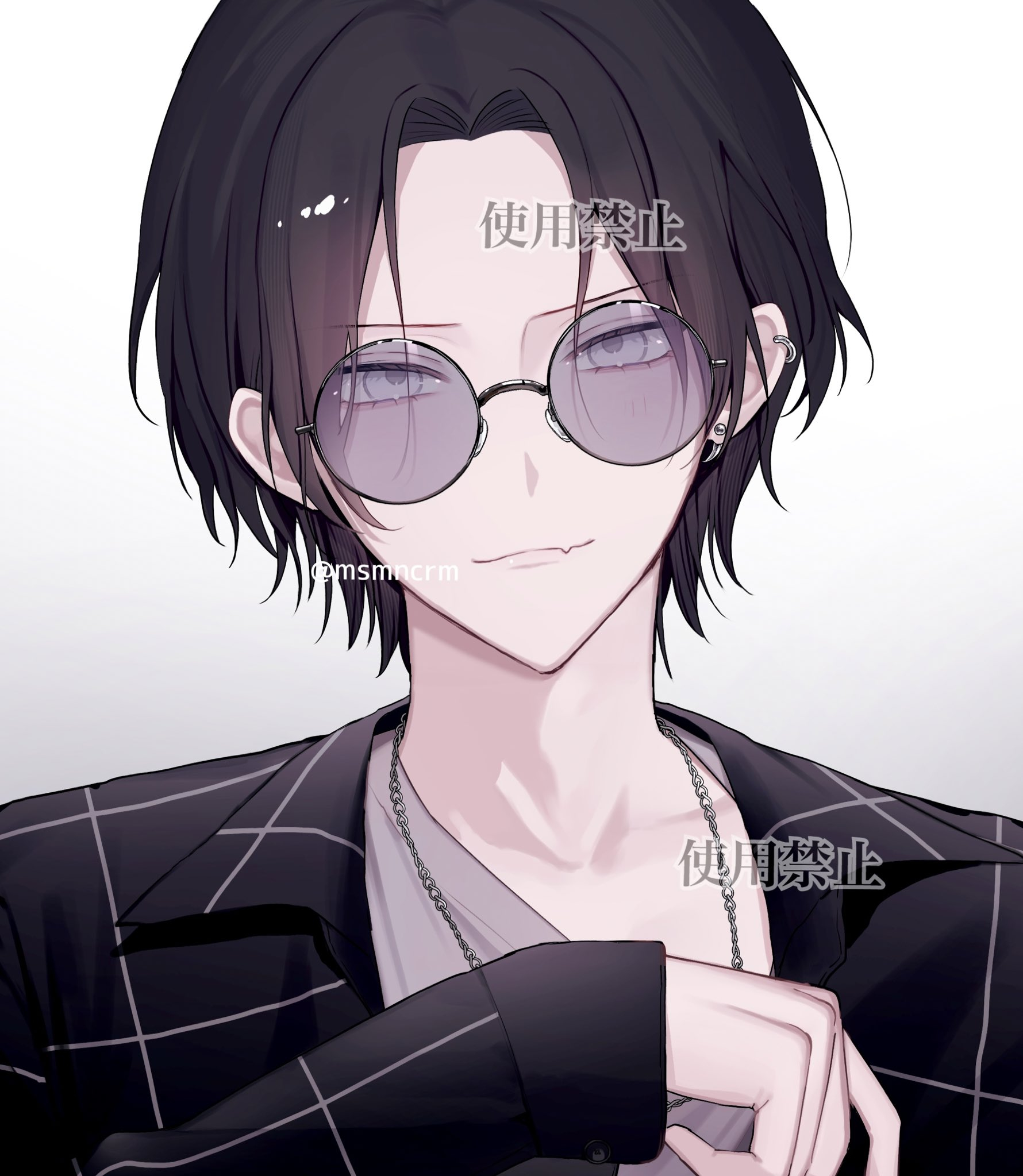 1boy black_hair black_shirt chain chain_necklace closed_mouth collarbone commentary_request commission ear_piercing earrings fang glass hand_up highres jewelry kumo_tabetai long_sleeves looking_at_viewer medium_hair necklace open_clothes open_shirt original piercing round_eyewear shirt simple_background single_earring skin_fang smile solo twitter_username watermark white_background