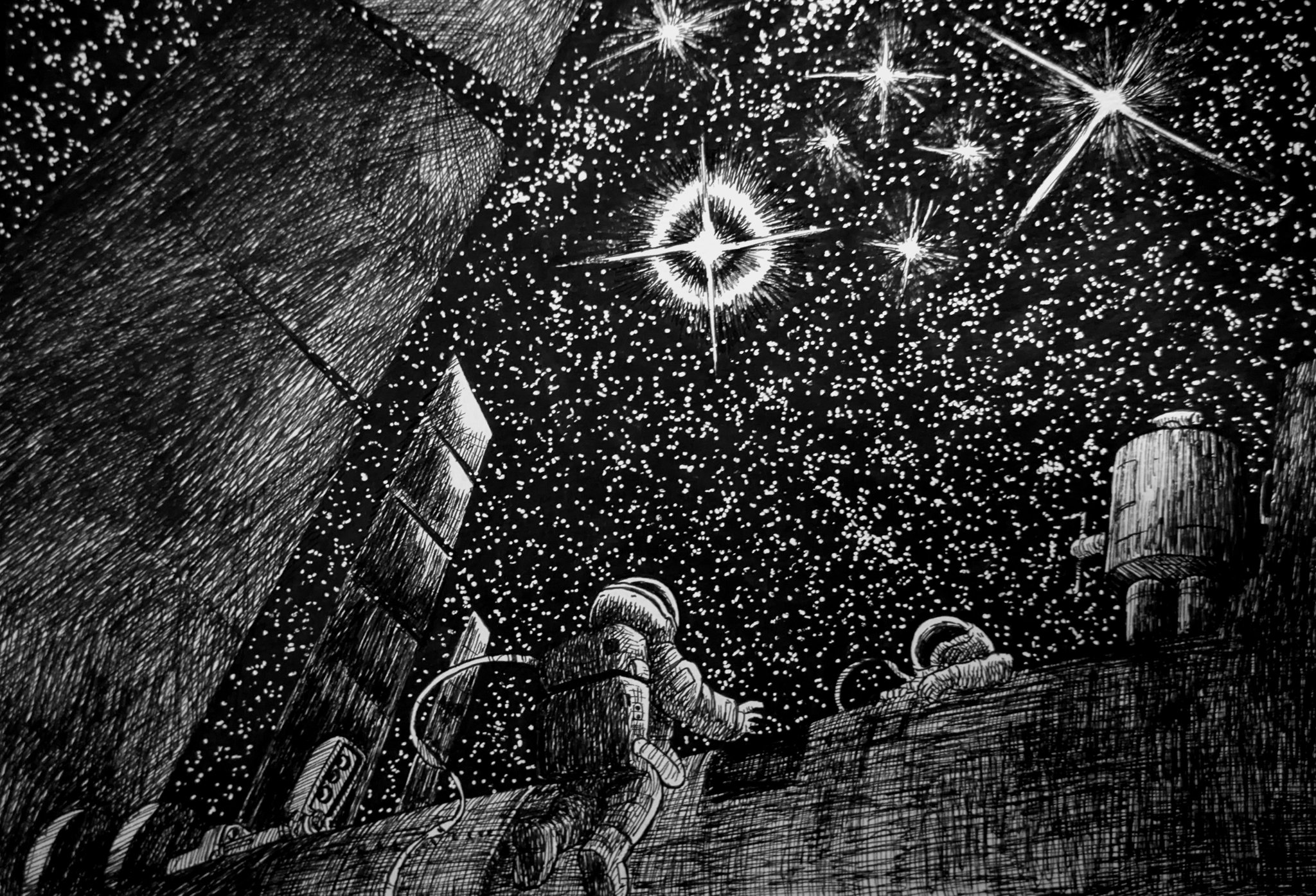 2others astronaut cable commentary_request crosshatching greyscale hatching_(texture) helmet highres looking_up monochrome multiple_others original sakajun scenery sky space space_helmet space_station spacesuit star_(sky) starry_sky