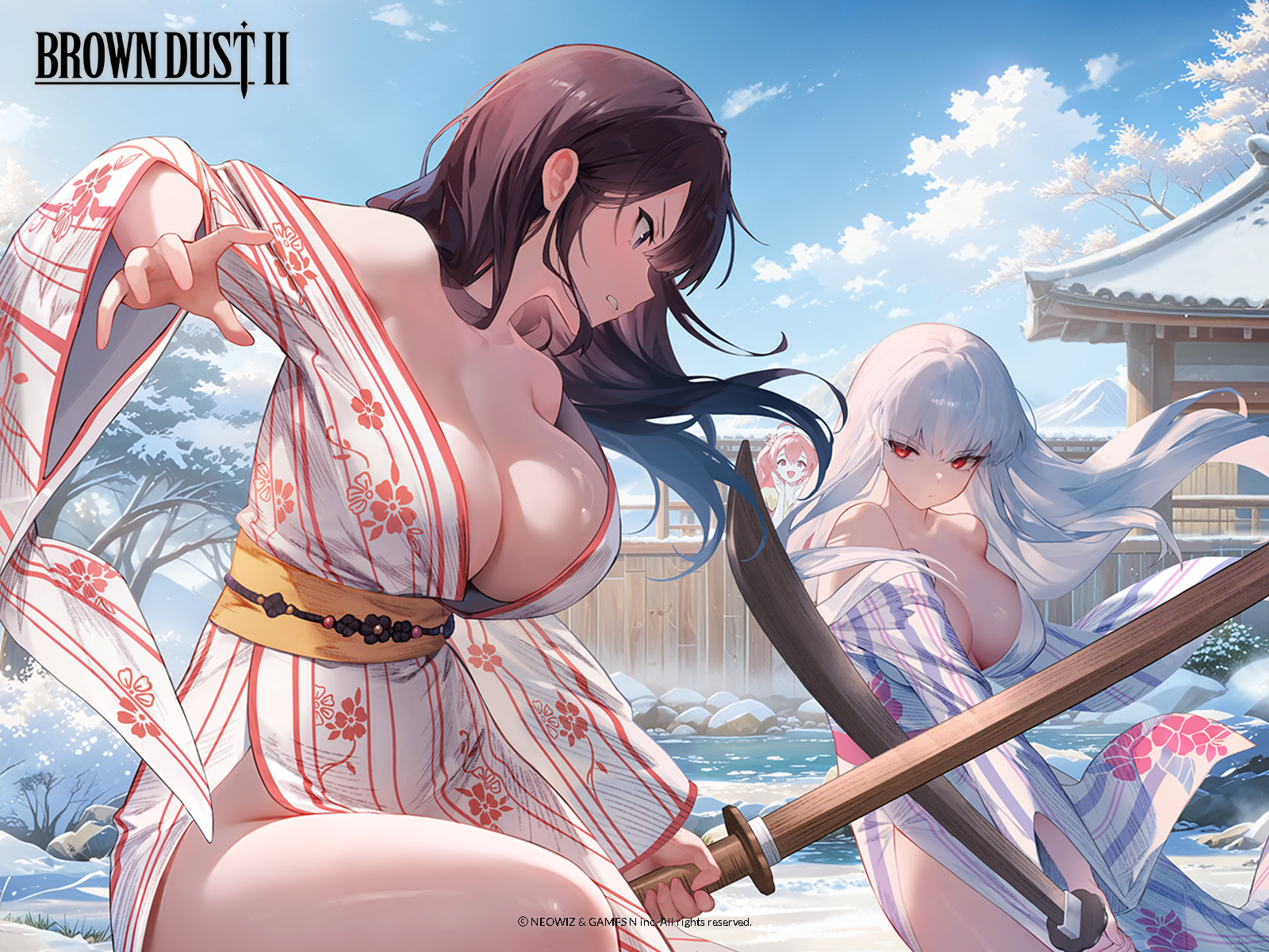 3girls :d architecture bath bath_yukata blade_(brown_dust) breasts brown_dust_(series) brown_dust_2 brown_hair cleavage closed_mouth day dot_mouth east_asian_architecture fighting floral_print floral_print_kimono highres holding holding_sword holding_weapon japanese_clothes kimono large_breasts liberta_(brown_dust_2) liberta_(onsen_manager)_(brown_dust_2) logo long_hair multiple_girls naked_kimono official_art official_wallpaper onsen open_clothes open_kimono open_mouth outdoors print_kimono red_eyes red_hair rock serious smile steam striped_clothes striped_kimono sword ventana_(brown_dust) vertical-striped_clothes vertical-striped_kimono water weapon white_hair wooden_sword yukata