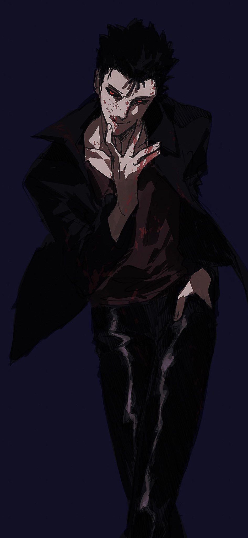 1boy arm_up black_coat black_hair black_pants black_sclera black_shirt blood blood_on_clothes blood_on_face blood_on_hands blue_background coat collarbone collared_coat colored_sclera commentary_request domu_(hamadura) feet_out_of_frame hand_in_pocket highres licking_lips looking_at_viewer male_focus mob_psycho_100 open_clothes open_coat pants red_eyes shimazaki_ryo shiny_clothes shirt simple_background solo tongue tongue_out