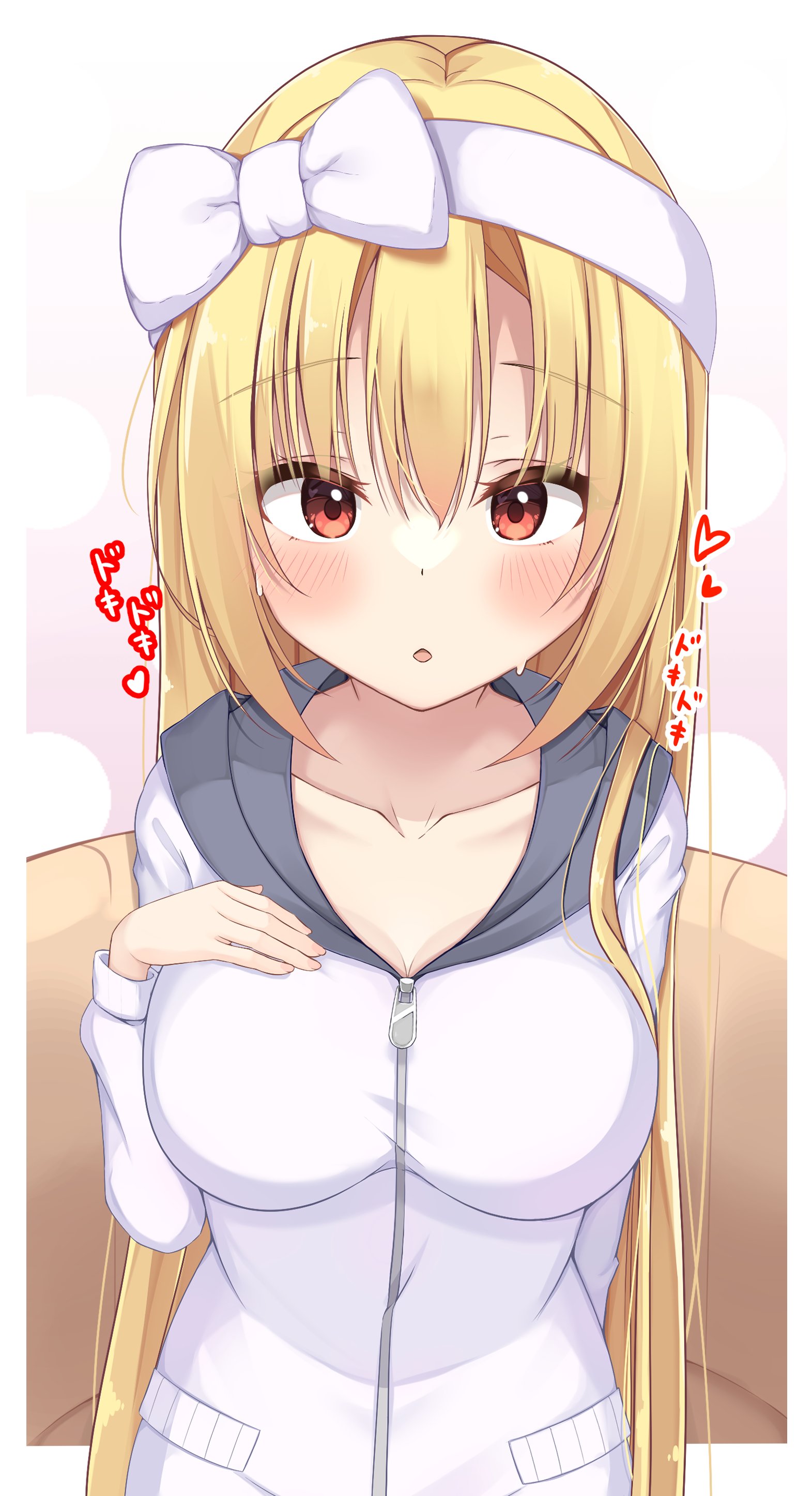 1girl absurdres arihara_nanami blonde_hair blush bow breast_hold breasts casual cleavage collarbone commentary double-parted_bangs eyes_visible_through_hair fingernails hair_between_eyes hair_bow hairband heart highres hood hood_down hooded_jacket jacket large_breasts long_hair looking_at_viewer open_mouth red_eyes riddle_joker sidelocks simple_background solo sound_effects straight-on straight_hair sweat upturned_eyes very_long_hair white_background white_bow white_hairband white_jacket yosh1na zipper