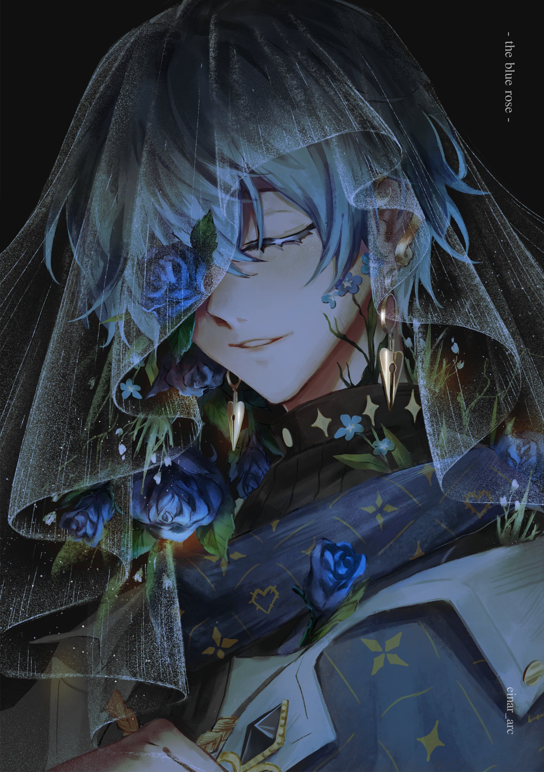 1boy absurdres black_background black_shirt blue_flower blue_hair blue_rose blue_scarf closed_eyes coat einariya english_text flower flower_over_eye gradient_hair green_hair hair_between_eyes highres ike_eveland ike_eveland_(1st_costume) male_focus multicolored_hair nijisanji nijisanji_en parted_lips rose scarf shirt simple_background smile solo upper_body veil virtual_youtuber white_coat