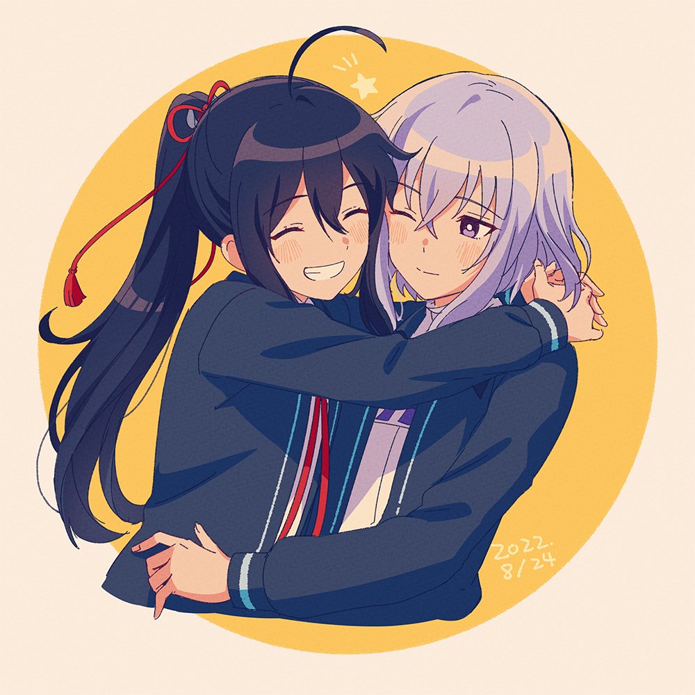 2022 2boys ^_^ ahoge black_hair closed_eyes collared_shirt commentary dated grin high_ponytail honebami_toushirou honebami_toushirou_(kiwame) hug male_focus matsuki_(mikipingpong) multiple_boys namazuo_toushirou namazuo_toushirou_(kiwame) one_eye_closed ponytail shirt smile star_(symbol) touken_ranbu upper_body white_hair