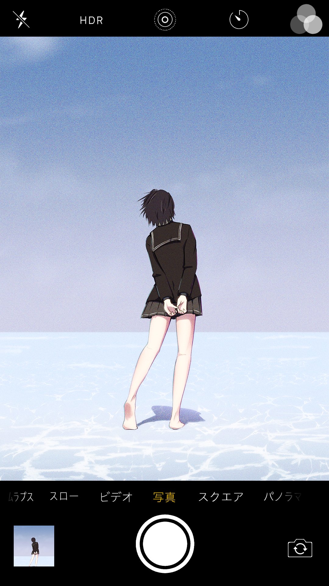 1girl amagami arms_behind_back barefoot black_hair black_jacket black_sailor_collar black_skirt blue_sky cloud facing_away fake_phone_screenshot fake_screenshot film_grain gradient_sky grey_sky heel_up highres horizon jacket kibito_high_school_uniform leaning_to_the_side long_sleeves nanasaki_ai oshizu outdoors own_hands_together pleated_skirt sailor_collar school_uniform short_hair skirt sky solo standing translated v_arms viewfinder wide_shot wind