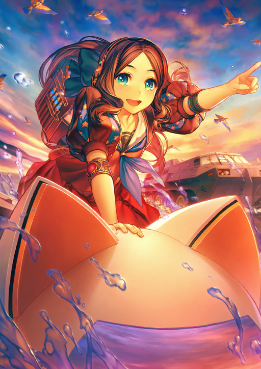 :d arm_support armored_vehicle backpack bag blue_bow blue_eyes blue_neckerchief bow brown_bag brown_hair brown_shirt collarbone elbow_pads fate/grand_order fate_(series) game_cg hair_bow headband headphones leaning_forward leonardo_da_vinci_(active_sailor)_(fate) leonardo_da_vinci_(fate) leonardo_da_vinci_(fate/grand_order) leonardo_da_vinci_(rider)_(fate) long_hair looking_at_viewer low_ponytail motor_vehicle neckerchief non-humanoid_robot official_art open_mouth parted_bangs pointing ponytail puff_and_slash_sleeves puffy_short_sleeves puffy_sleeves red_skirt robot robot_animal robot_bird sailor_collar shadow_border shirt short_sleeves sidelocks simosi skirt smile splashing teeth third-party_source upper_teeth_only vehicle_request water white_sailor_collar