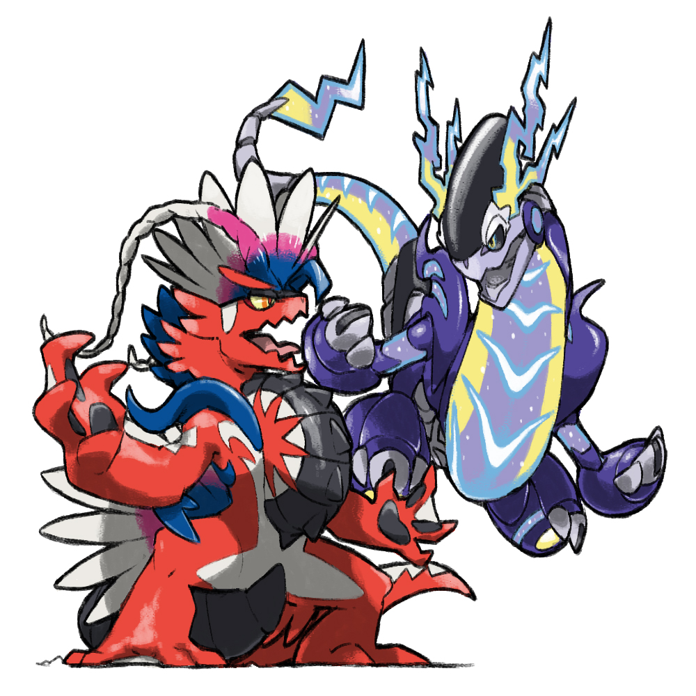 animal_focus black_sclera blacknirrow colored_sclera dragon floating koraidon miraidon nintendo no_humans non-humanoid_robot open_mouth orange_eyes pixel_eyes pokemon pokemon_(creature) pokemon_focus robot robot_animal simple_background tongue white_background yellow_sclera