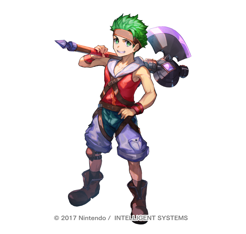 1boy aged_down axe boyd_(fire_emblem) boyd_(future_great)_(fire_emblem) child copyright_notice fire_emblem fire_emblem:_path_of_radiance fire_emblem_heroes full_body green_eyes green_hair headband holding holding_axe holding_weapon hood hoodie knee_pads looking_at_viewer male_focus nijimaarc nintendo official_art short_hair single_knee_pad sleeveless sleeveless_hoodie smile solo weapon white_background