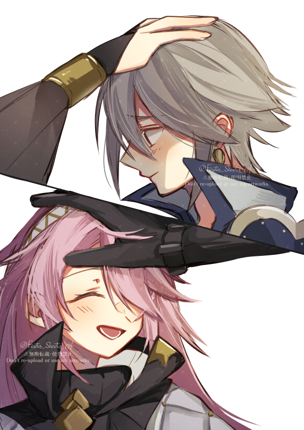 1boy 2girls black_gloves bridal_gauntlets closed_eyes closed_mouth father_and_daughter fire_emblem fire_emblem_awakening fire_emblem_fates gambeson gloves grey_hair hand_on_another&#039;s_head inigo_(fire_emblem) laslow_(fire_emblem) long_hair lower_teeth_only mother_and_son multiple_girls nintendo olivia_(fire_emblem) open_mouth pink_hair short_hair siesta_festival soleil_(fire_emblem) teeth white_background