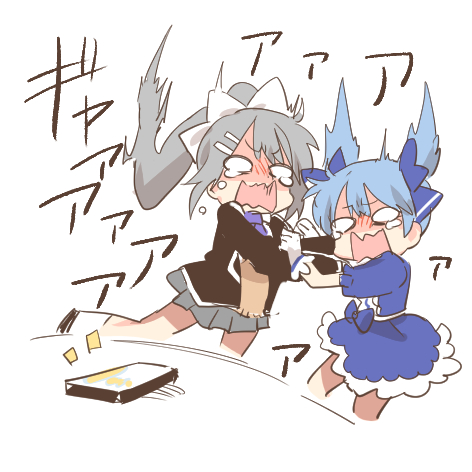 2girls black_jacket blazer blue_bow blue_dress blue_hair bow brown_sweater cellphone chibi collared_shirt dress expressive_hair gloves grey_hair grey_skirt hair_bow higuchi_kaede higuchi_kaede_(1st_costume) jacket lowres multiple_girls necktie nijisanji notice_lines open_clothes open_jacket open_mouth phone pleated_skirt ponytail puffy_short_sleeves puffy_sleeves purple_necktie rebecca_(keinelove) school_uniform shirt short_sleeves simple_background skirt socks sweater teardrop translation_request twintails virtual_youtuber wavy_mouth white_background white_gloves white_shirt white_socks wide_oval_eyes yuuki_chihiro yuuki_chihiro_(1st_costume)