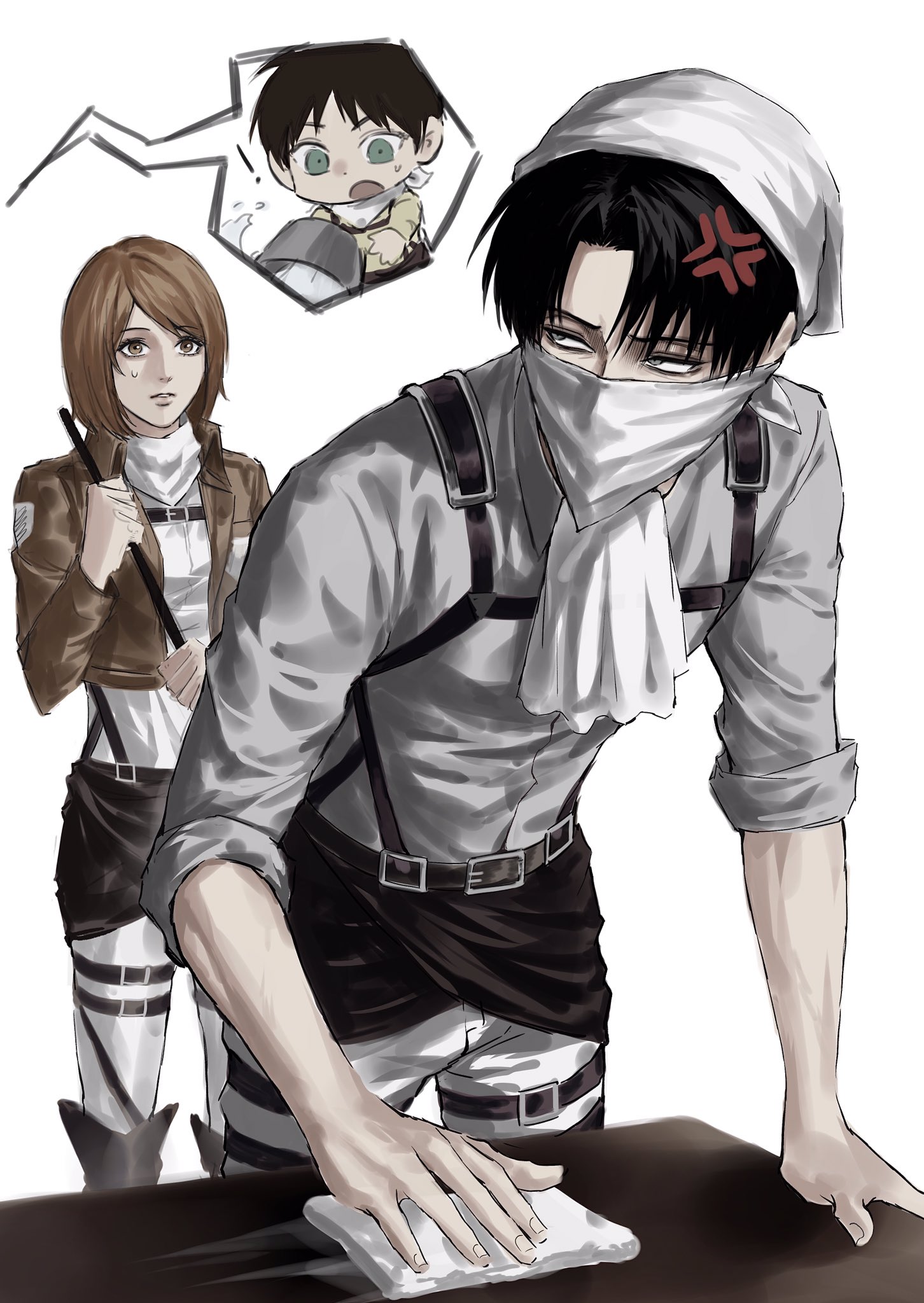 ! 1girl 2boys anger_vein ascot black_hair brown_eyes brown_hair character_request chest_strap chibi curtained_hair eren_yeager grey_eyes highres levi_(shingeki_no_kyojin) long_sleeves looking_back mask mouth_mask multiple_boys petra_ral shingeki_no_kyojin short_hair simple_background sso_s thigh_strap white_background