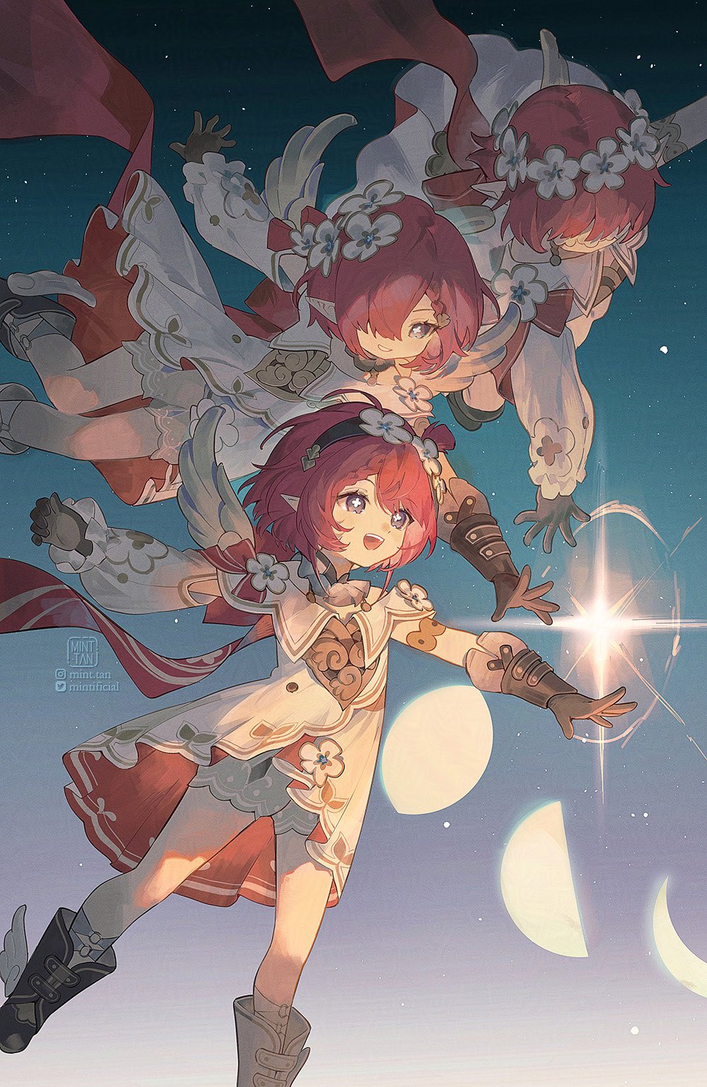 3girls ascot bare_shoulders black_boots black_gloves black_hairband bloomers blue_sky boots braid closed_mouth commentary covered_eyes cross-shaped_pupils dress english_commentary feathered_wings floating_clothes flower flower_ornament flying full_body gloves gradient_sky hair_between_eyes hair_flower hair_ornament hair_over_eyes hair_over_one_eye hairband highres honkai:_star_rail honkai_(series) long_sleeves looking_to_the_side magic mini_wings mint-tan moon_phases multiple_girls night night_sky off-shoulder_dress off_shoulder one_side_up open_mouth outdoors pink_ascot pointy_ears puffy_long_sleeves puffy_sleeves purple_eyes red_hair short_hair sky smile socks star_(sky) starry_sky symbol-shaped_pupils teeth trianne_(honkai:_star_rail) tribbie_(honkai:_star_rail) trinnon_(honkai:_star_rail) triplets underwear white_bloomers white_dress white_flower white_socks wings