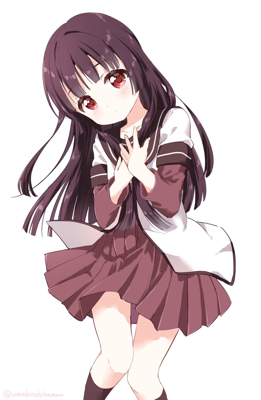 1girl black_hair black_socks blush brown_sailor_collar closed_mouth collarbone commentary dress expressionless hand_on_own_chest highres hime_cut long_hair looking_at_viewer matsumoto_rise mearian nanamori_school_uniform own_hands_together red_dress red_eyes sailor_collar school_uniform shirt simple_background socks solo twitter_username white_background white_shirt yuru_yuri