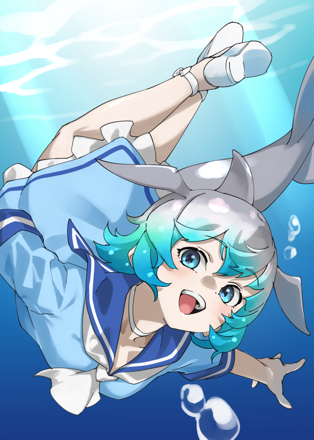 1girl :d air_bubble aqua_hair ascot bare_legs blowhole blue_dress blue_eyes blue_sailor_collar bubble cetacean_tail choker commentary common_bottlenose_dolphin_(kemono_friends) dolphin_girl dorsal_fin dress fins fish_tail frilled_dress frills gradient_hair grey_hair hair_between_eyes head_fins highres kemono_friends looking_at_viewer medium_hair multicolored_hair open_mouth sailor_collar sailor_dress shoes short_sleeves smile solo tail tanabe_(fueisei) teeth underwater upper_teeth_only upside-down white_ascot white_choker white_shoes
