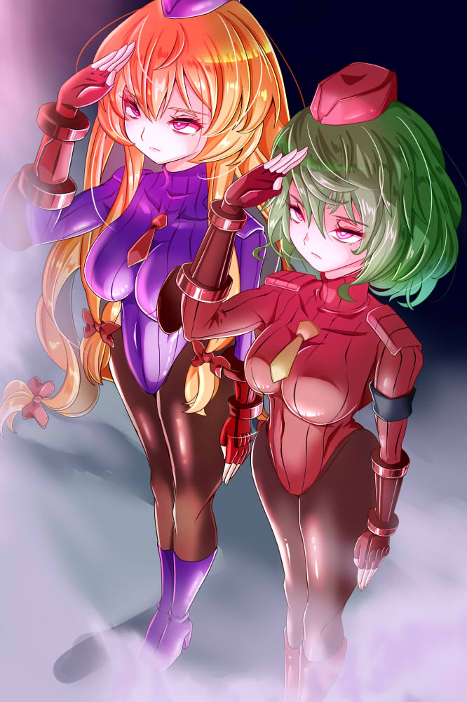 2girls alternate_costume blonde_hair boots bow breasts covered_navel expressionless fingerless_gloves garrison_cap gloves glowing glowing_eyes green_hair grey_background hair_bow hat high_collar kazami_yuuka large_breasts leotard long_hair long_sleeves mimochiku multi-tied_hair multiple_girls necktie pantyhose purple_boots purple_hat purple_leotard red_bow red_eyes red_gloves red_hat red_leotard red_necktie red_ribbon ribbed_leotard ribbon shadaloo_dolls short_hair solo street_fighter street_fighter_zero_(series) touhou v-shaped_eyebrows very_long_hair yakumo_yukari yellow_necktie