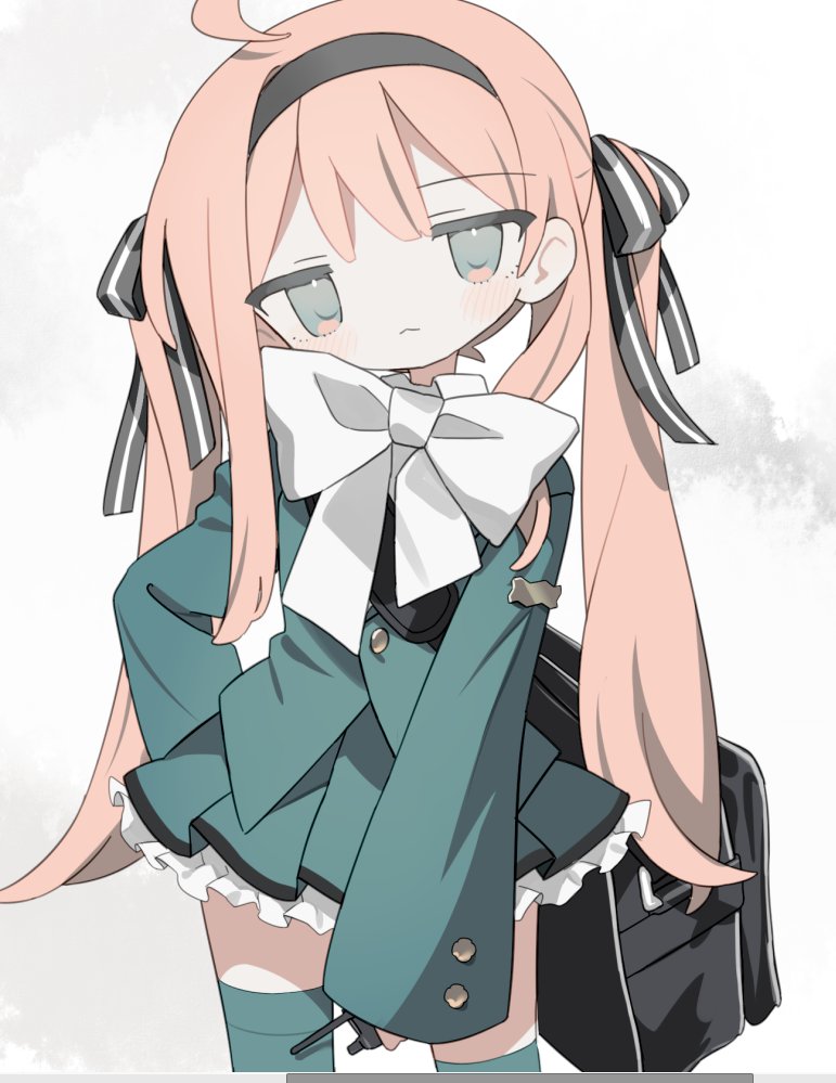 1girl ahoge aqua_jacket aqua_skirt aqua_thighhighs bag black_bag black_hairband black_ribbon bow bowtie buttons closed_mouth cowboy_shot daizu_(melon-lemon) frills hair_ribbon hairband holding_radio jacket long_hair long_sleeves looking_at_viewer original pink_hair radio ribbon shoulder_bag skirt skirt_set solo standing striped_ribbon thighhighs twintails white_bow white_bowtie