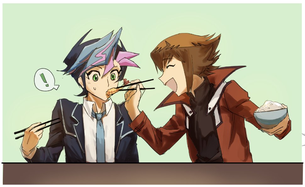 ! 2boys black_hair black_shirt blue_necktie border bowl brown_hair chopsticks closed_eyes colored_bangs dress_shirt duel_academy_uniform_(yu-gi-oh!_gx) facing_viewer food fujiki_yusaku green_background green_eyes green_hair hair_slicked_back holding holding_bowl holding_chopsticks in-franchise_crossover jacket looking_at_another looking_at_food looking_down loose_necktie male_focus multiple_boys necktie novale110 open_clothes open_jacket open_mouth outstretched_arm popped_collar red_jacket rice school_uniform shirt shrimp shrimp_tempura side-by-side speech_bubble sweatdrop table tempura upper_body white_border white_shirt wooden_table yu-gi-oh! yu-gi-oh!_gx yu-gi-oh!_vrains yuki_judai