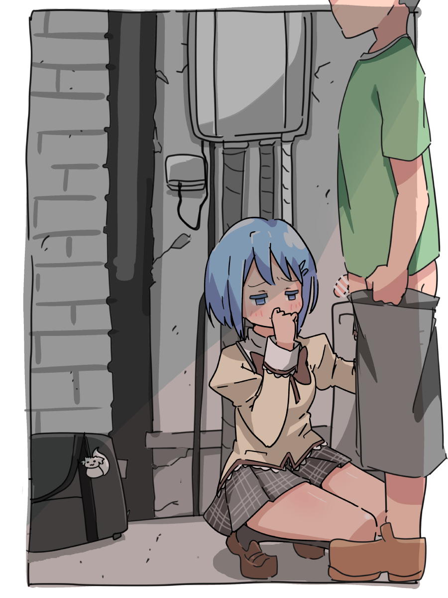 1boy 1girl alley bag bar_censor black_socks blue_hair blush bow brown_footwear censored green_shirt grey_skirt half-closed_eyes hetero highres itagaki_super_dx juliet_sleeves kneeling kyubey legs long_sleeves looking_at_penis mahou_shoujo_madoka_magica miki_sayaka mitakihara_school_uniform outdoors penis pin plaid_clothes plaid_skirt puffy_sleeves red_bow school_uniform shirt shoes short_hair skirt small_penis socks
