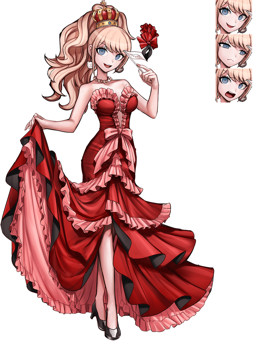 1girl :d bare_arms bare_shoulders bear_earrings black_footwear blonde_hair breasts choker cleavage crown danganronpa:_trigger_happy_havoc danganronpa_(series) dress earrings enoshima_junko flag frilled_dress frills full_body jewelry large_breasts long_dress multiple_views official_art open_mouth oshiro_project:re ponytail red_dress shoes smile teeth transparent_background upper_teeth_only