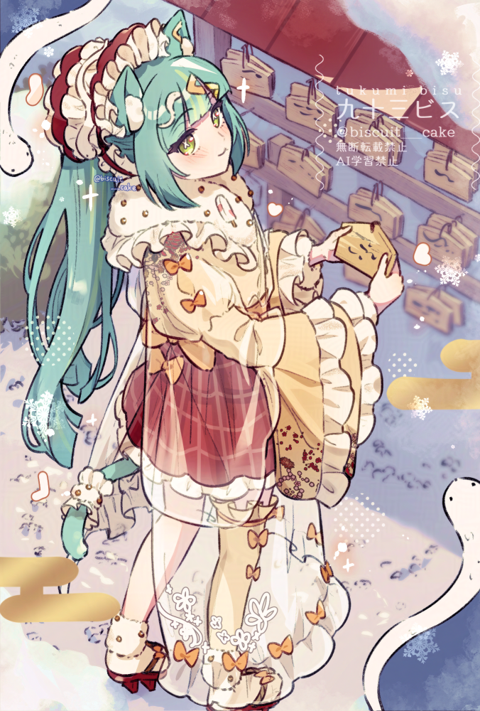 1girl animal_ear_fluff artist_name blunt_bangs blush closed_mouth commentary_request ema frilled_skirt frilled_sleeves frills full_body geta green_hair holding japanese_clothes kimono long_hair long_sleeves looking_at_viewer new_year original plaid_clothes plaid_skirt pleated_skirt ponytail red_sandals red_skirt sandals sidelocks skirt smile socks solo standing tsukumi_bis twitter_username watermark white_socks wide_sleeves yellow_eyes yellow_kimono