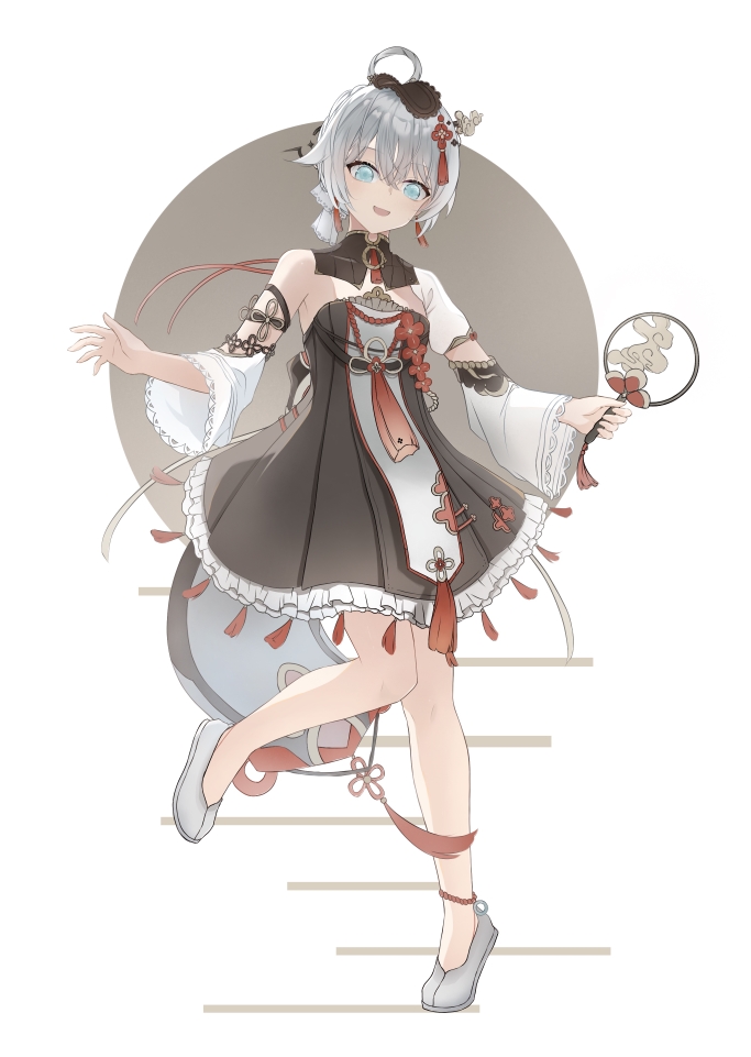 1girl :d blue_eyes china_dress chinese_clothes dress frilled_dress frills full_body hair_ornament hand_fan hei_yubai_yuan holding holding_fan honkai_(series) honkai_impact_3rd looking_at_viewer open_mouth smile solo theresa_apocalypse white_background white_hair white_sleeves zhuge_kongming_(herald_of_spring)_(honkai_impact) zhuge_kongming_(honkai_impact)