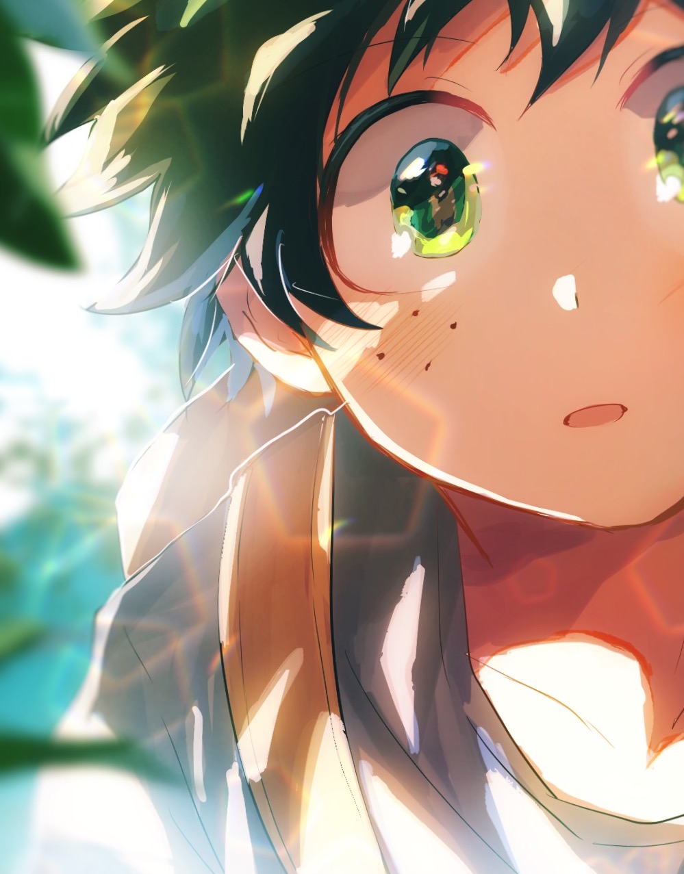 1boy backpack bag bloom blurry blurry_background blush boku_no_hero_academia colored_eyelashes depth_of_field eye_reflection foliage freckles green_hair grey_shirt highres lens_flare heavy_lens_flare looking_at_viewer male_focus midoriya_izuku mma_runn non-circular_lens_flare outdoors parted_lips reflection shirt short_hair solo sunlight t-shirt todoroki_shouto upper_body yellow_bag